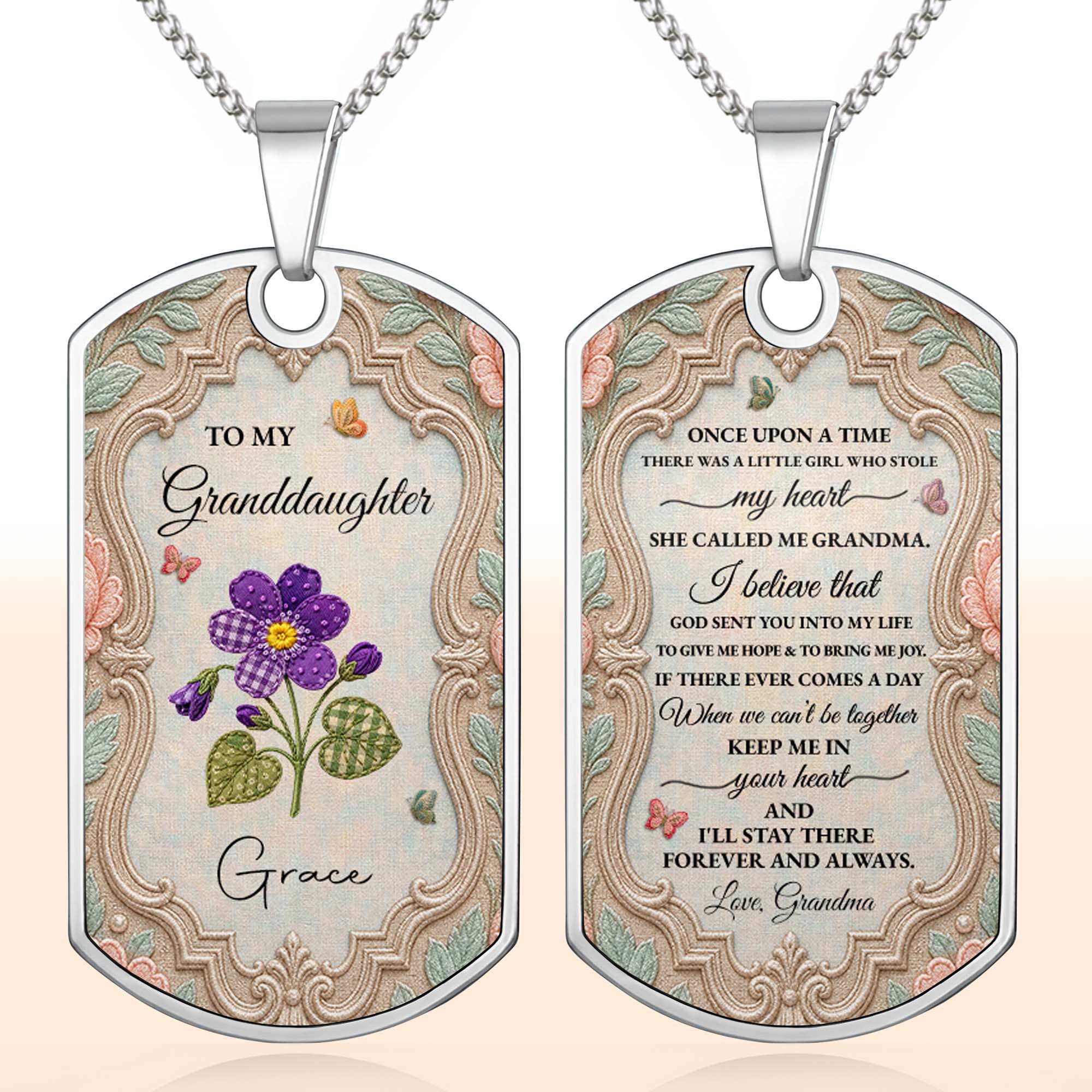 Personalized Stainless Steel Dog Tag Necklace for Granddaughter - Custom Name Flower & Butterfly Gift