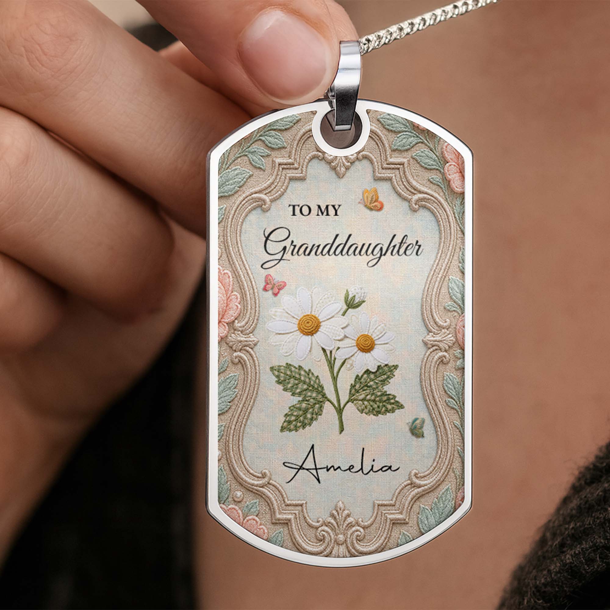 Personalized Stainless Steel Dog Tag Necklace for Granddaughter - Custom Name Flower & Butterfly Gift