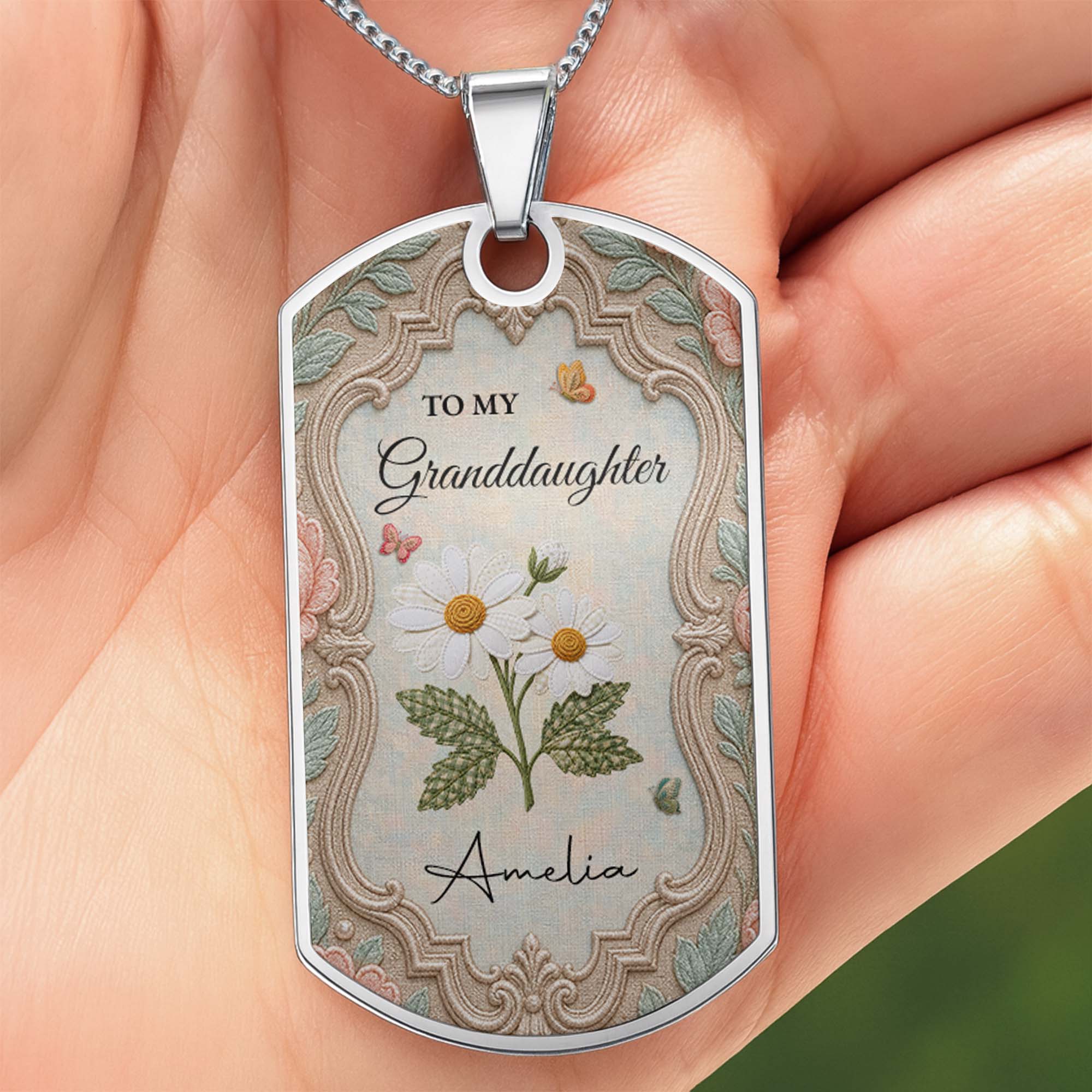 Personalized Stainless Steel Dog Tag Necklace for Granddaughter - Custom Name Flower & Butterfly Gift