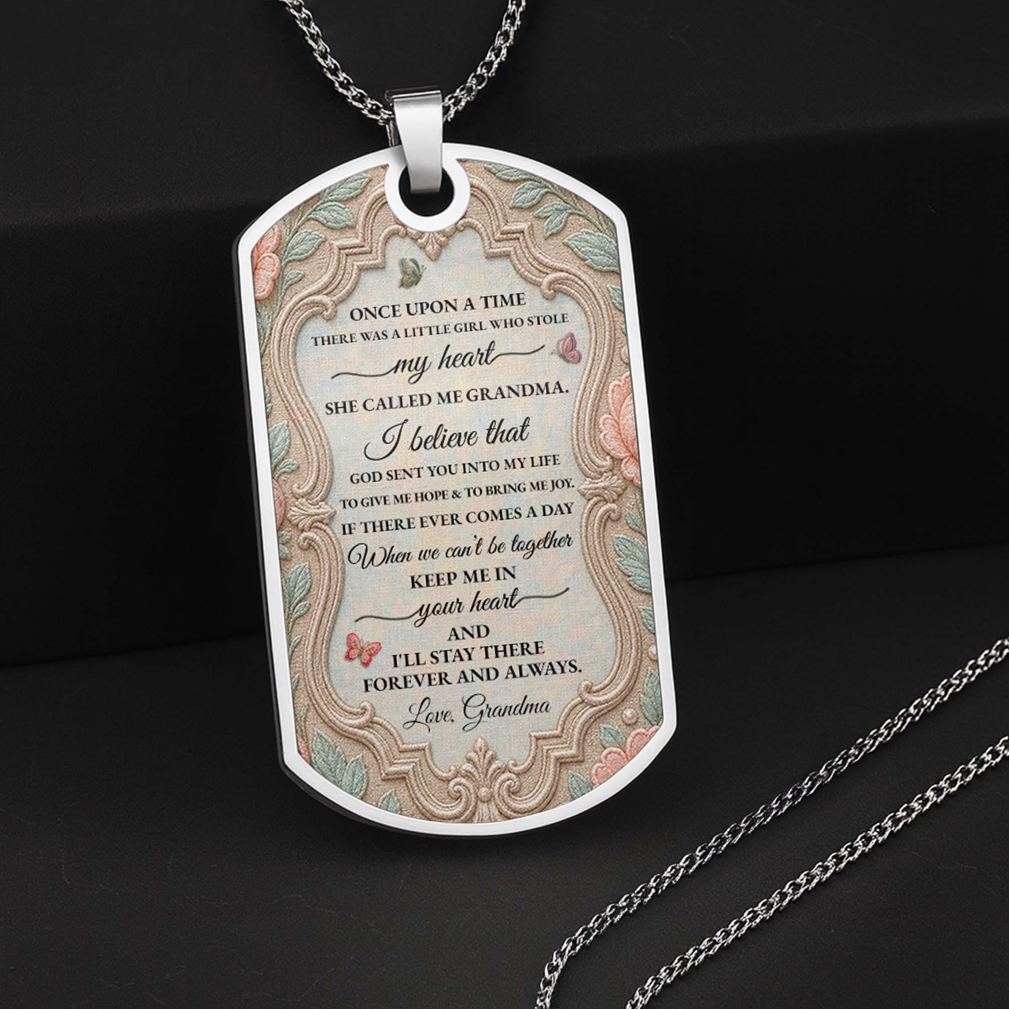 Personalized Stainless Steel Dog Tag Necklace for Granddaughter - Custom Name Flower & Butterfly Gift