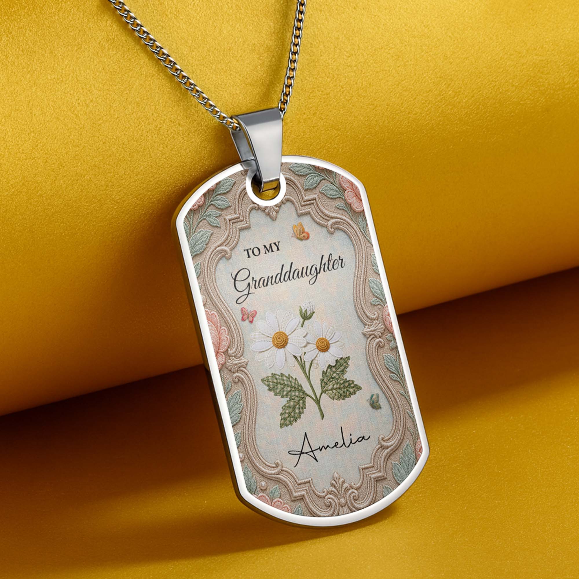 Personalized Stainless Steel Dog Tag Necklace for Granddaughter - Custom Name Flower & Butterfly Gift