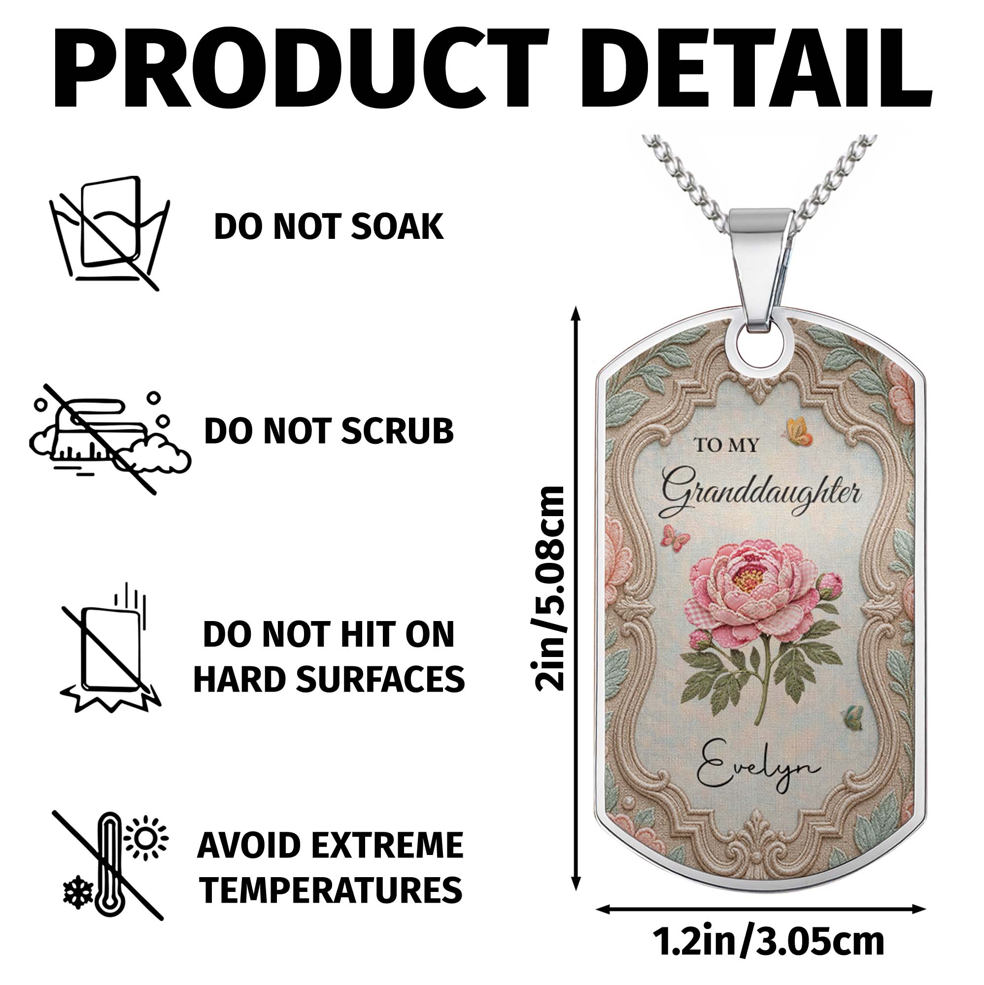 Personalized Stainless Steel Dog Tag Necklace for Granddaughter - Custom Name Flower & Butterfly Gift