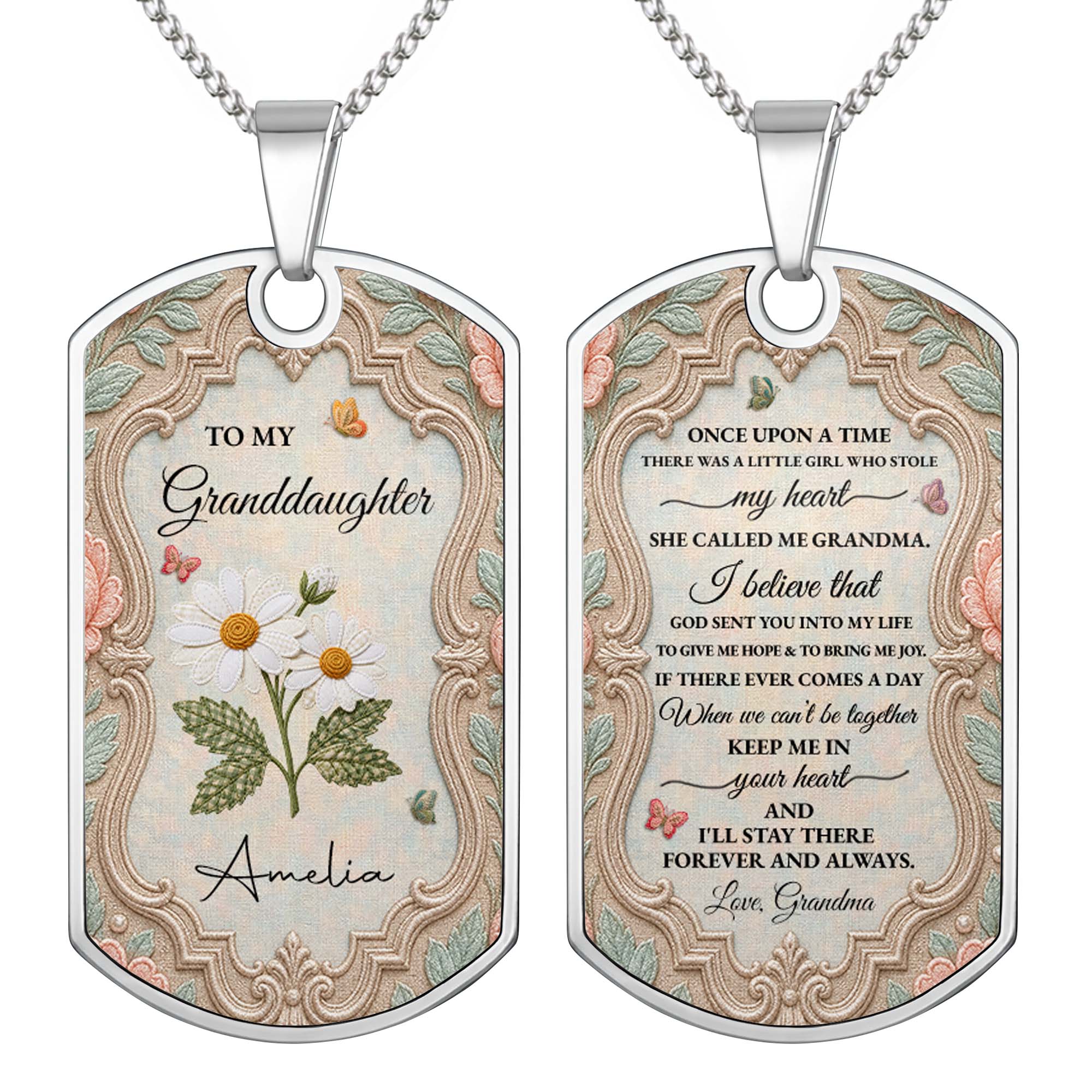 Personalized Stainless Steel Dog Tag Necklace for Granddaughter - Custom Name Flower & Butterfly Gift