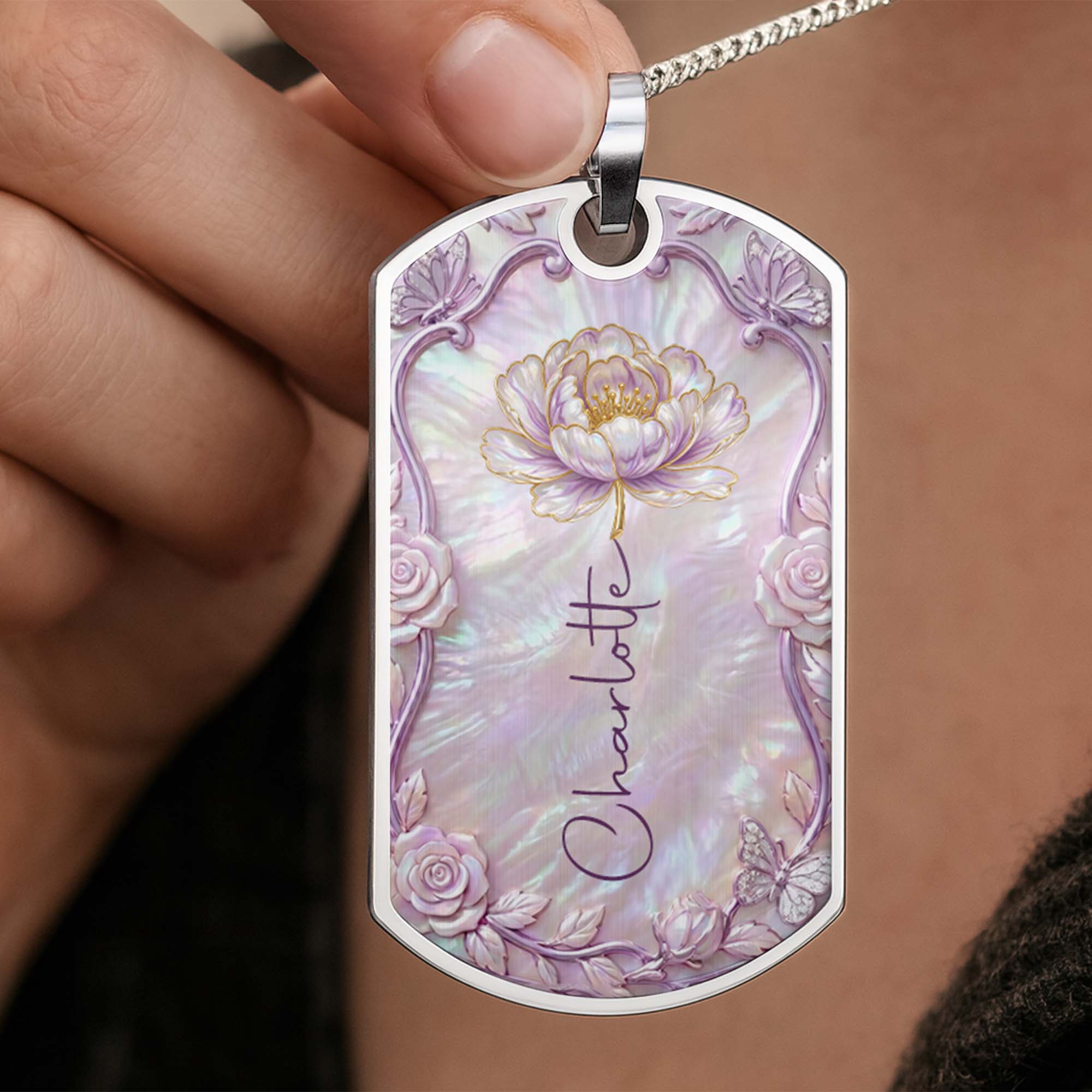 Personalized Birth Month Flower Dog Tag Necklace Custom Name for Daughter