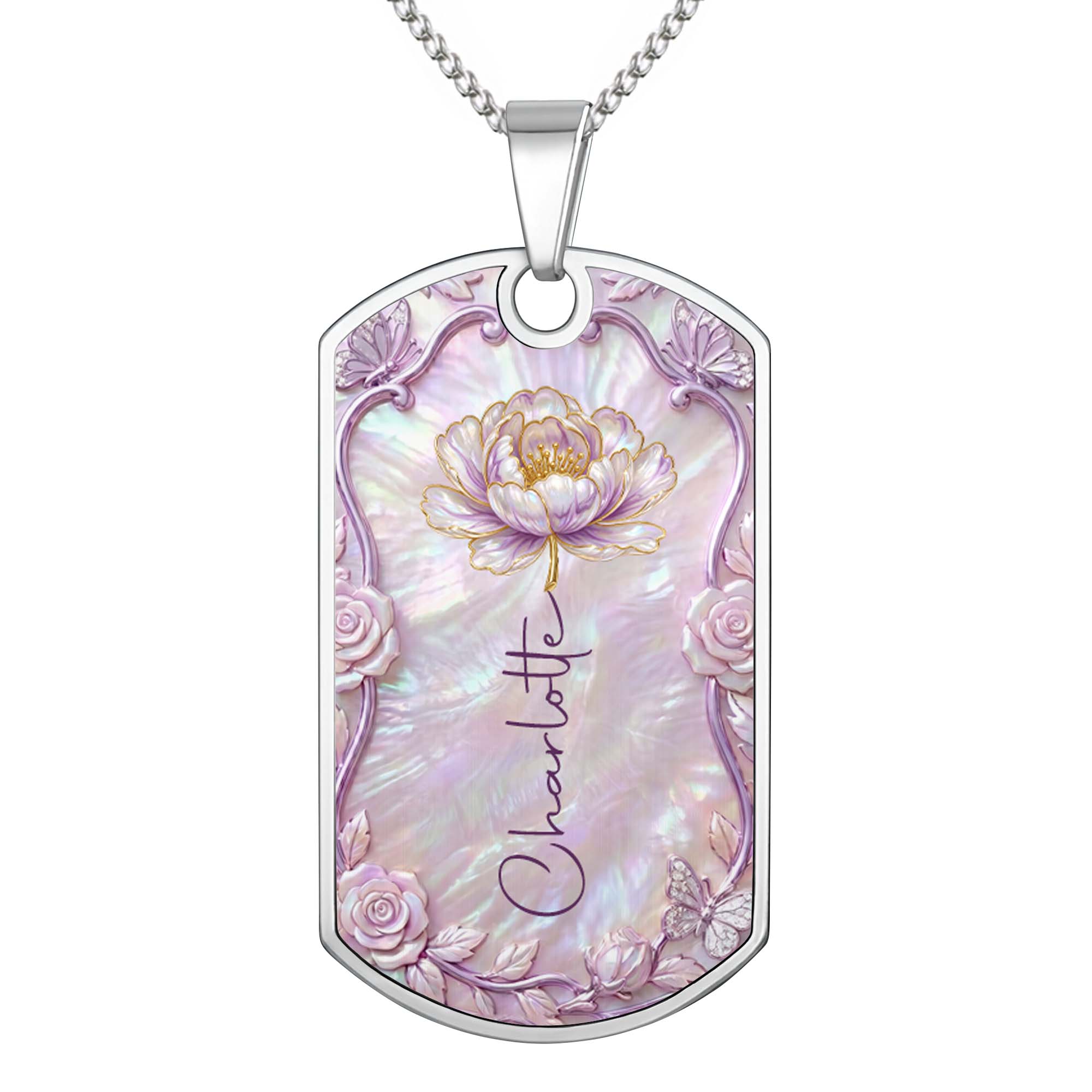 Personalized Birth Month Flower Dog Tag Necklace Custom Name for Daughter