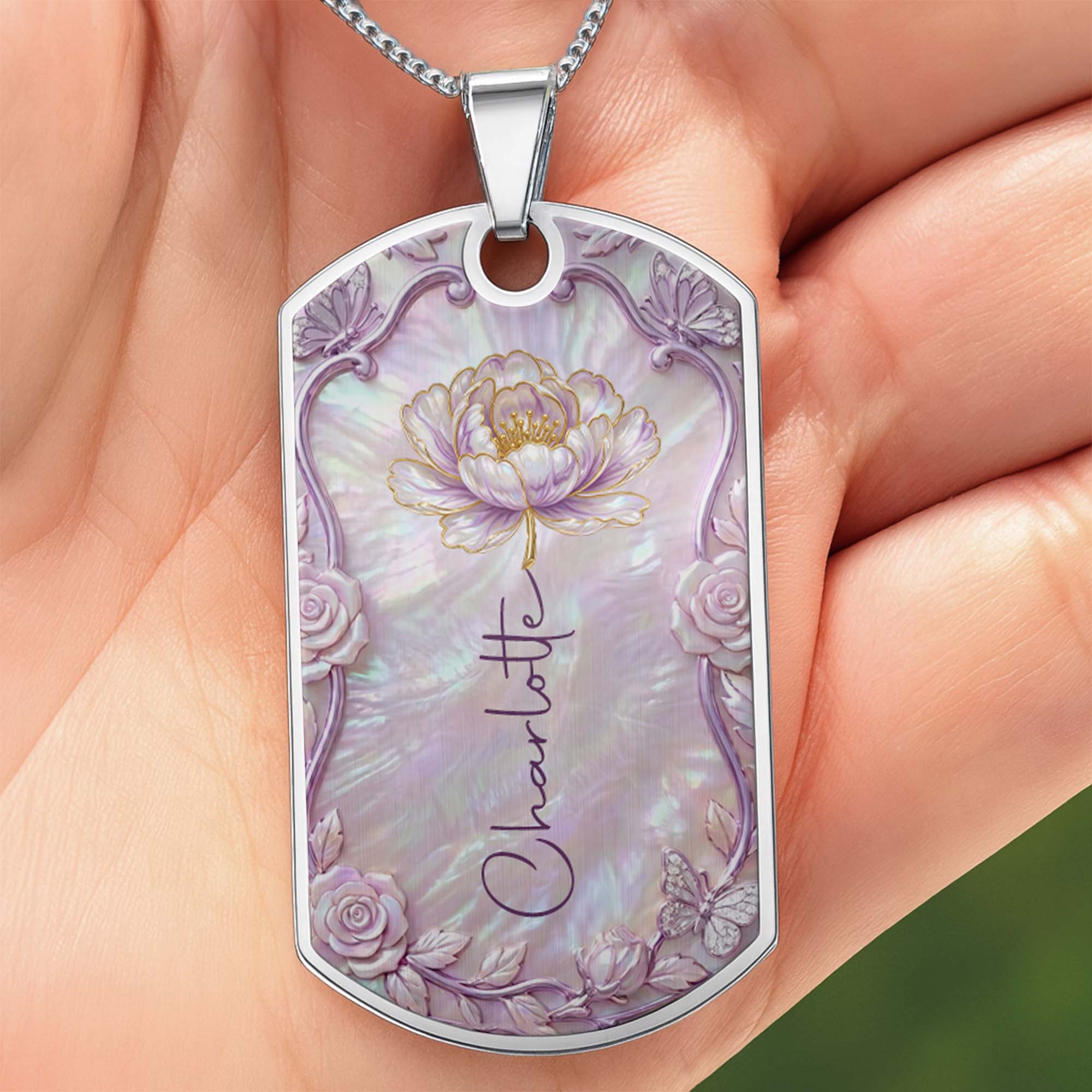 Personalized Birth Month Flower Dog Tag Necklace Custom Name for Daughter