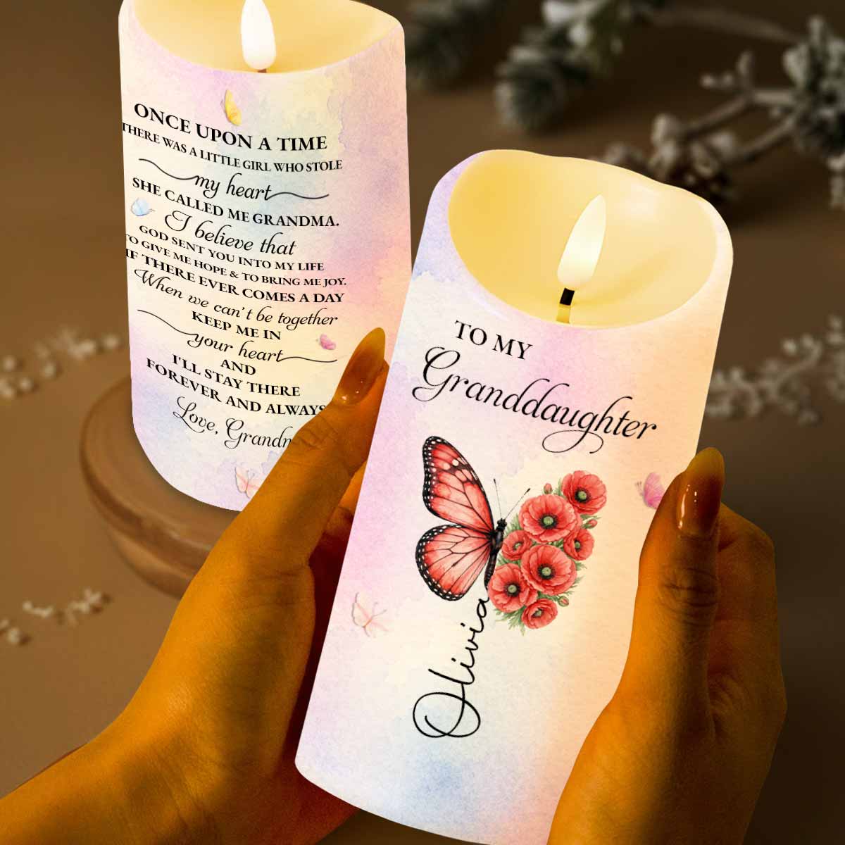 Personalized LED Candle with Birth Month Flowers for Granddaughter