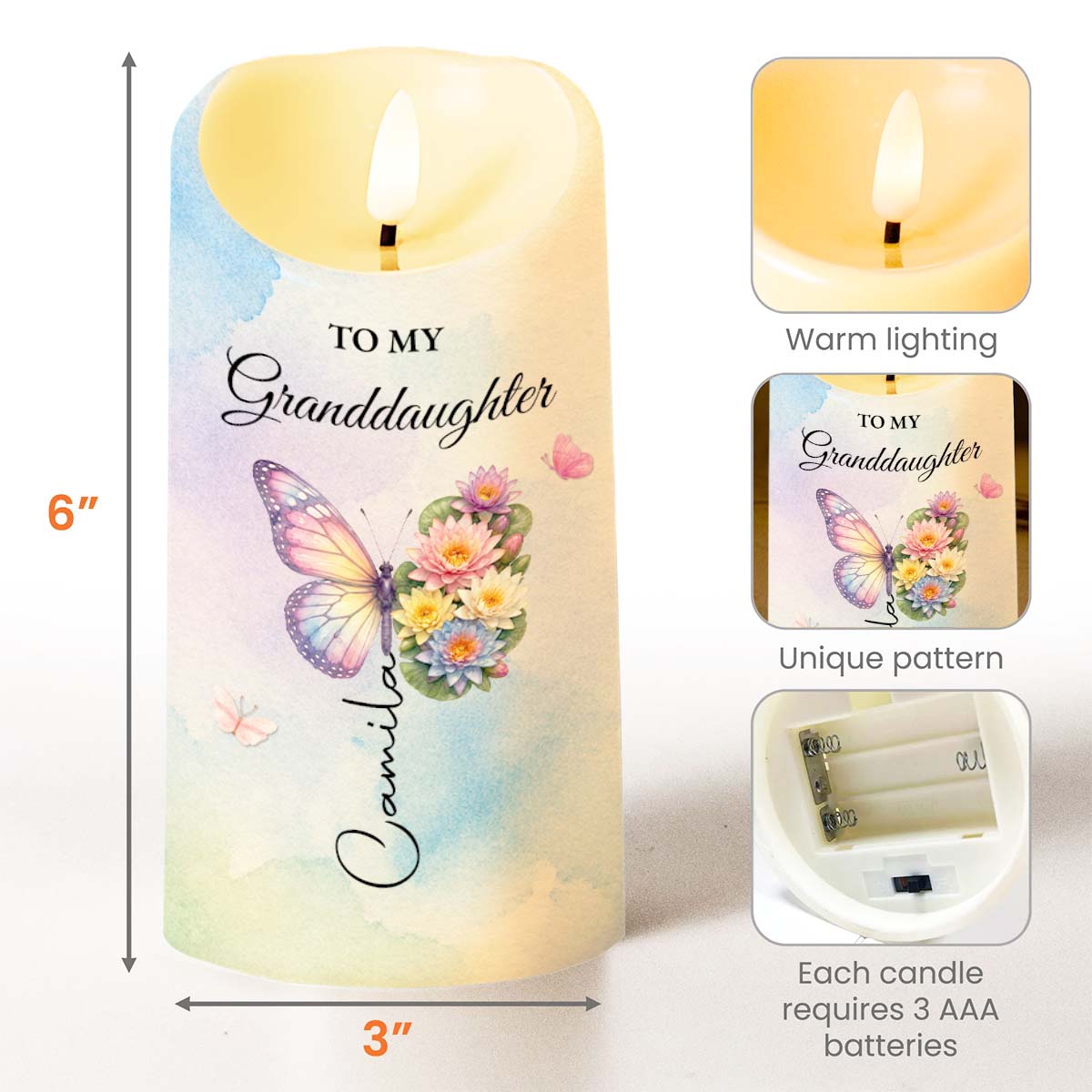 Personalized LED Candle with Butterfly for Granddaughter Gift