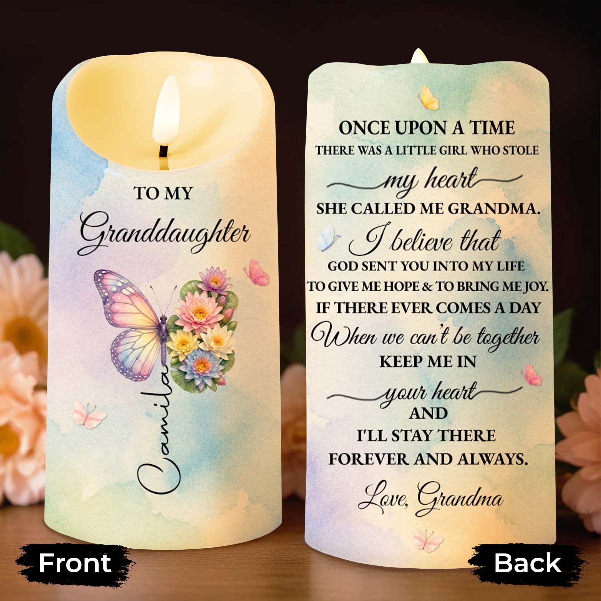 Personalized LED Candle with Butterfly for Granddaughter Gift
