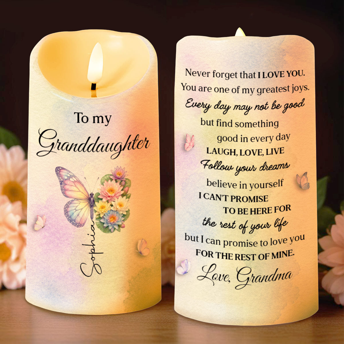 Personalized LED Candle for Granddaughter Custom Gift with Flowers