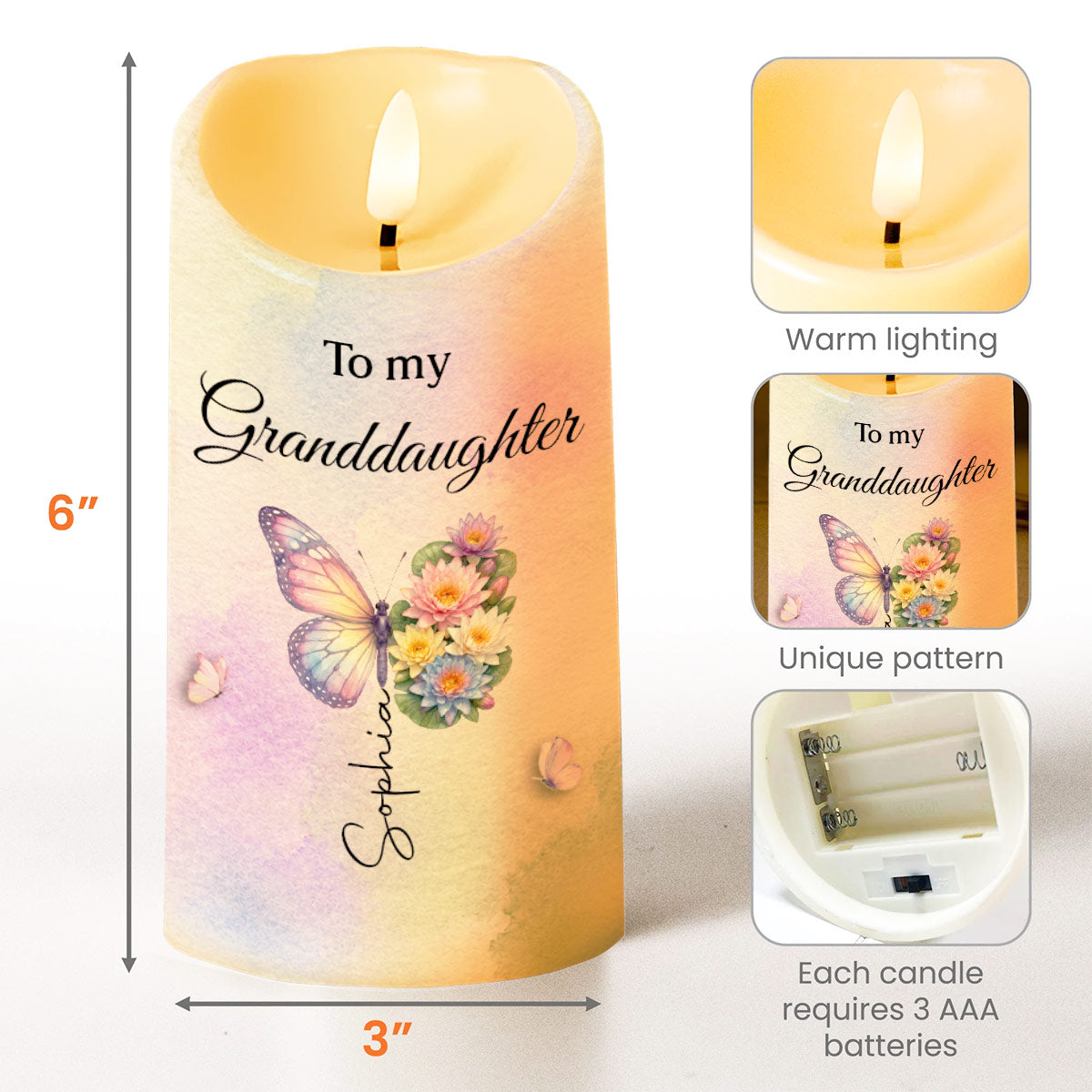 Personalized LED Candle for Granddaughter Custom Gift with Flowers