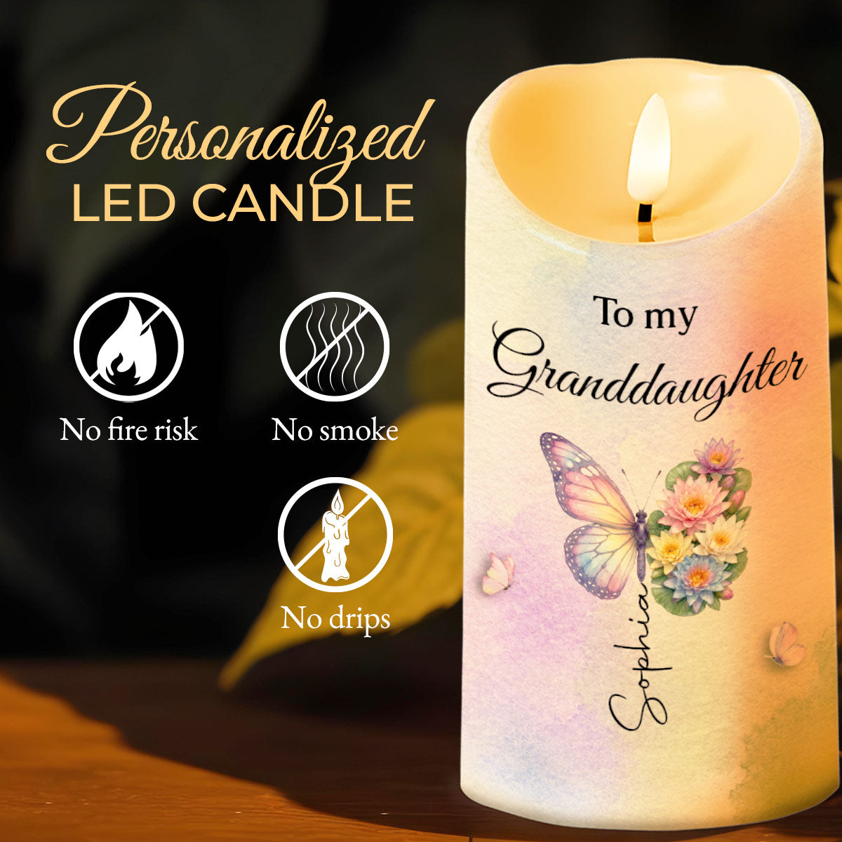 Personalized LED Candle for Granddaughter Custom Gift with Flowers