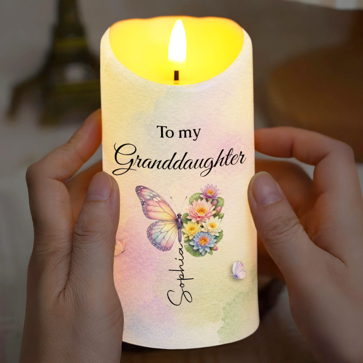 Personalized LED Candle for Granddaughter Custom Gift with Flowers