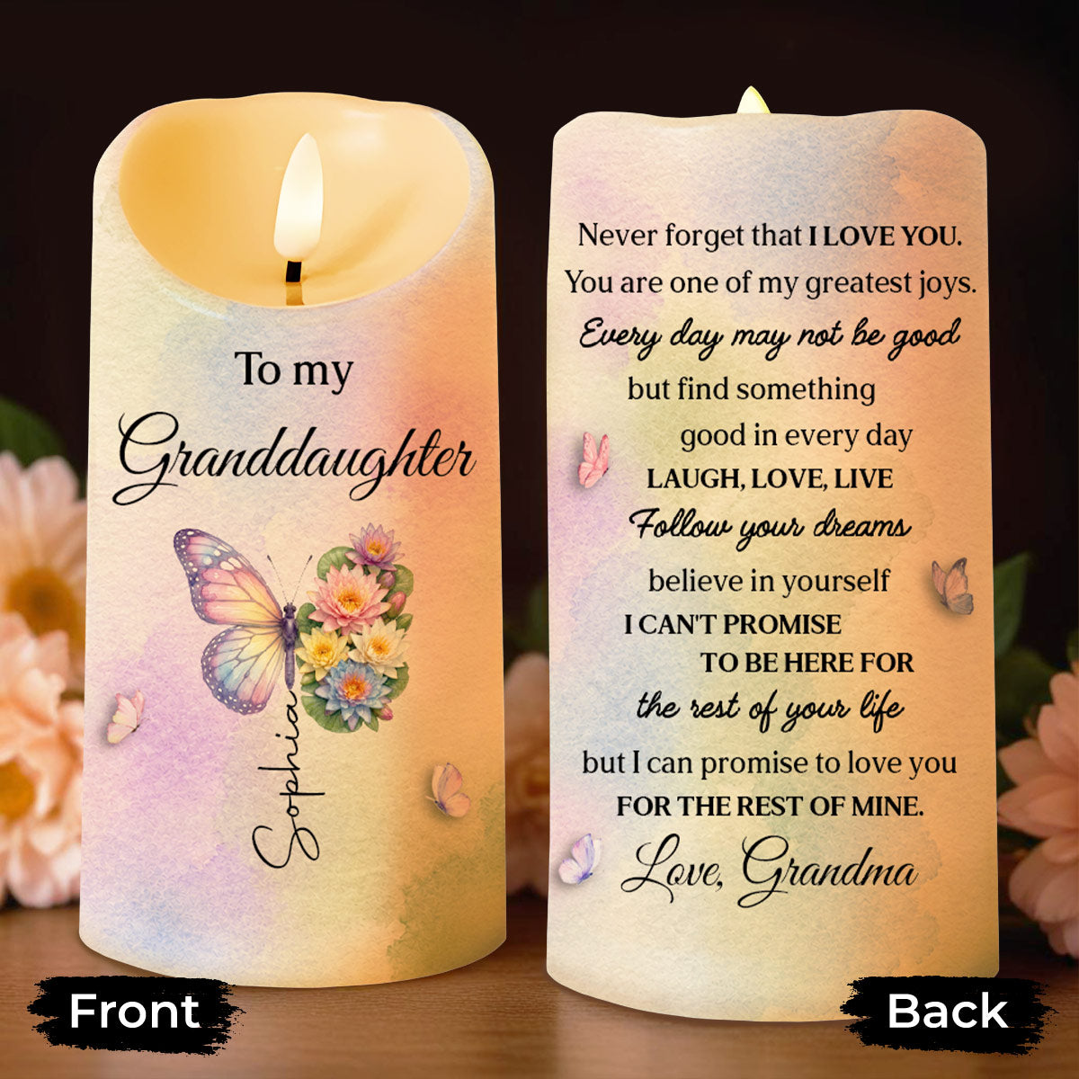 Personalized LED Candle for Granddaughter Custom Gift with Flowers