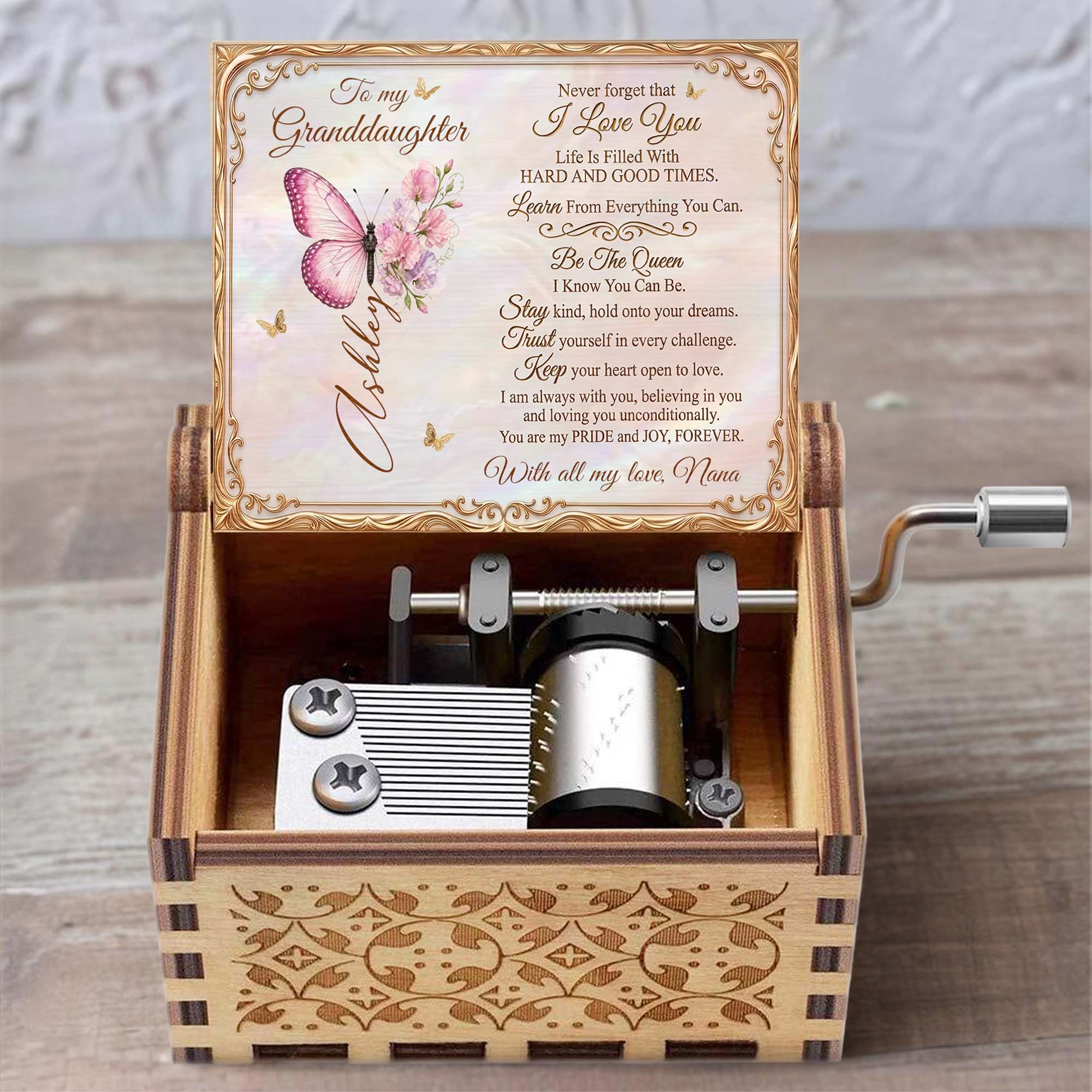 Personalized Music Box for Granddaughter with Butterfly Flowers Tune Gift for Birthday
