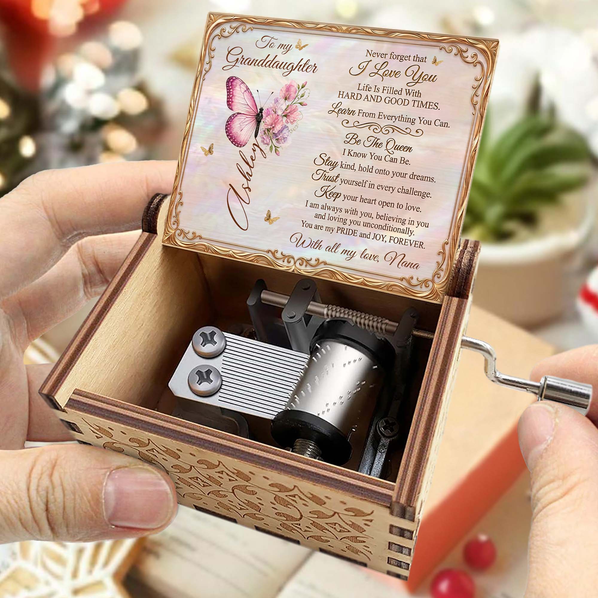 Personalized Music Box for Granddaughter with Butterfly Flowers Tune Gift for Birthday