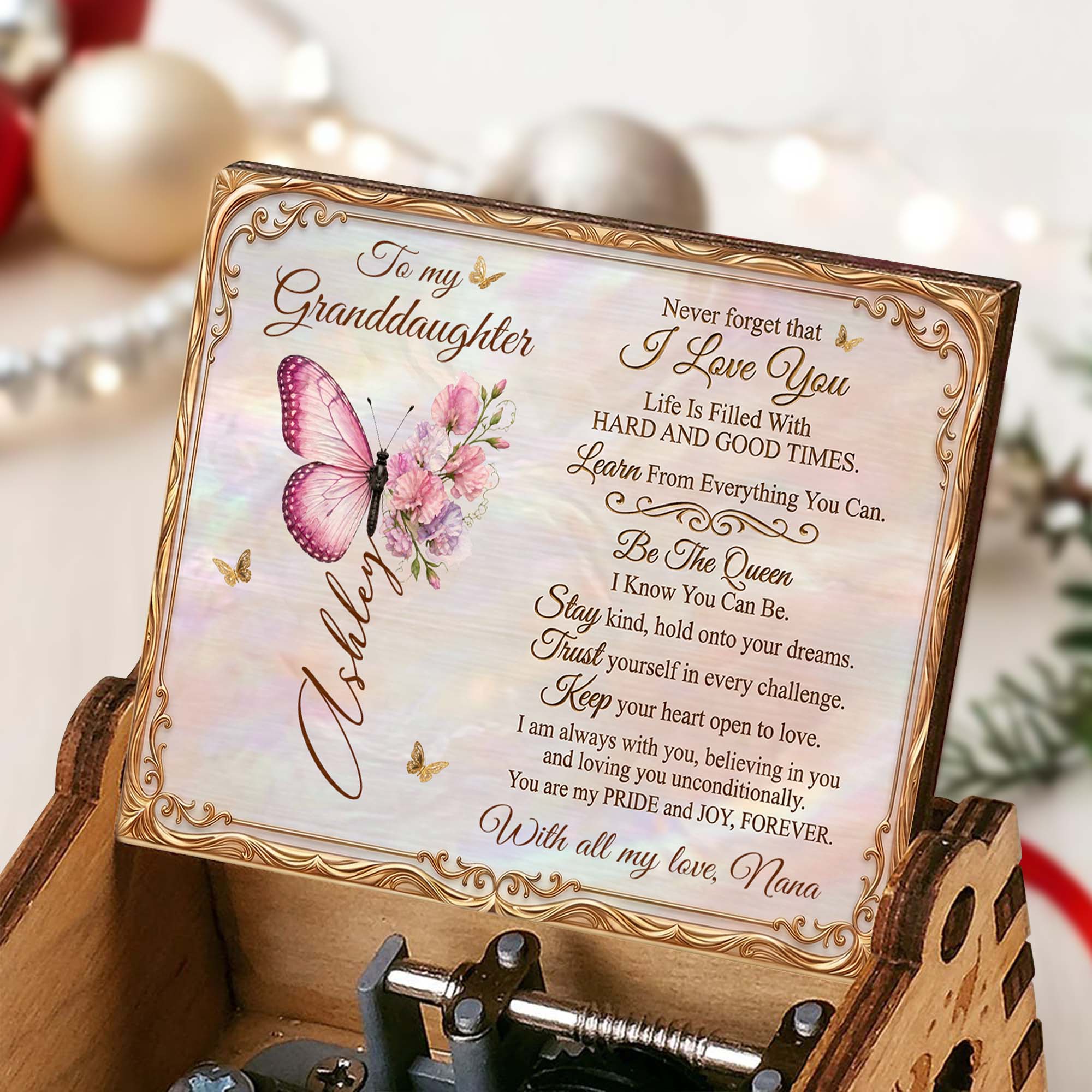 Personalized Music Box for Granddaughter with Butterfly Flowers Tune Gift for Birthday