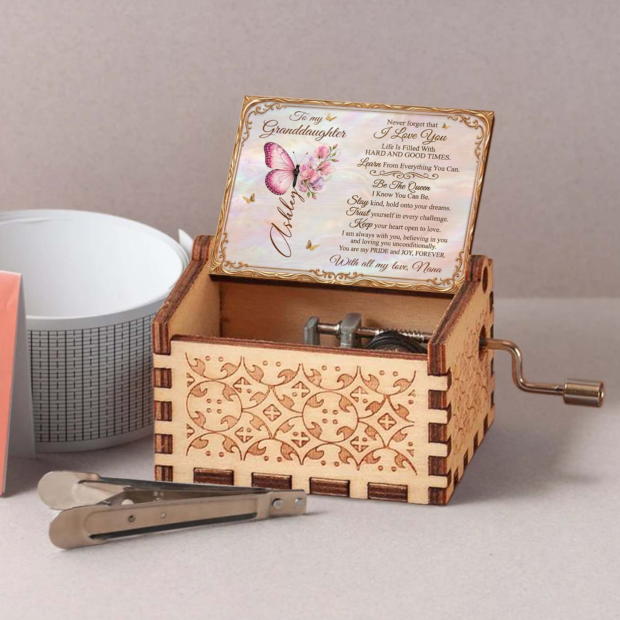 Personalized Music Box for Granddaughter with Butterfly Flowers Tune Gift for Birthday