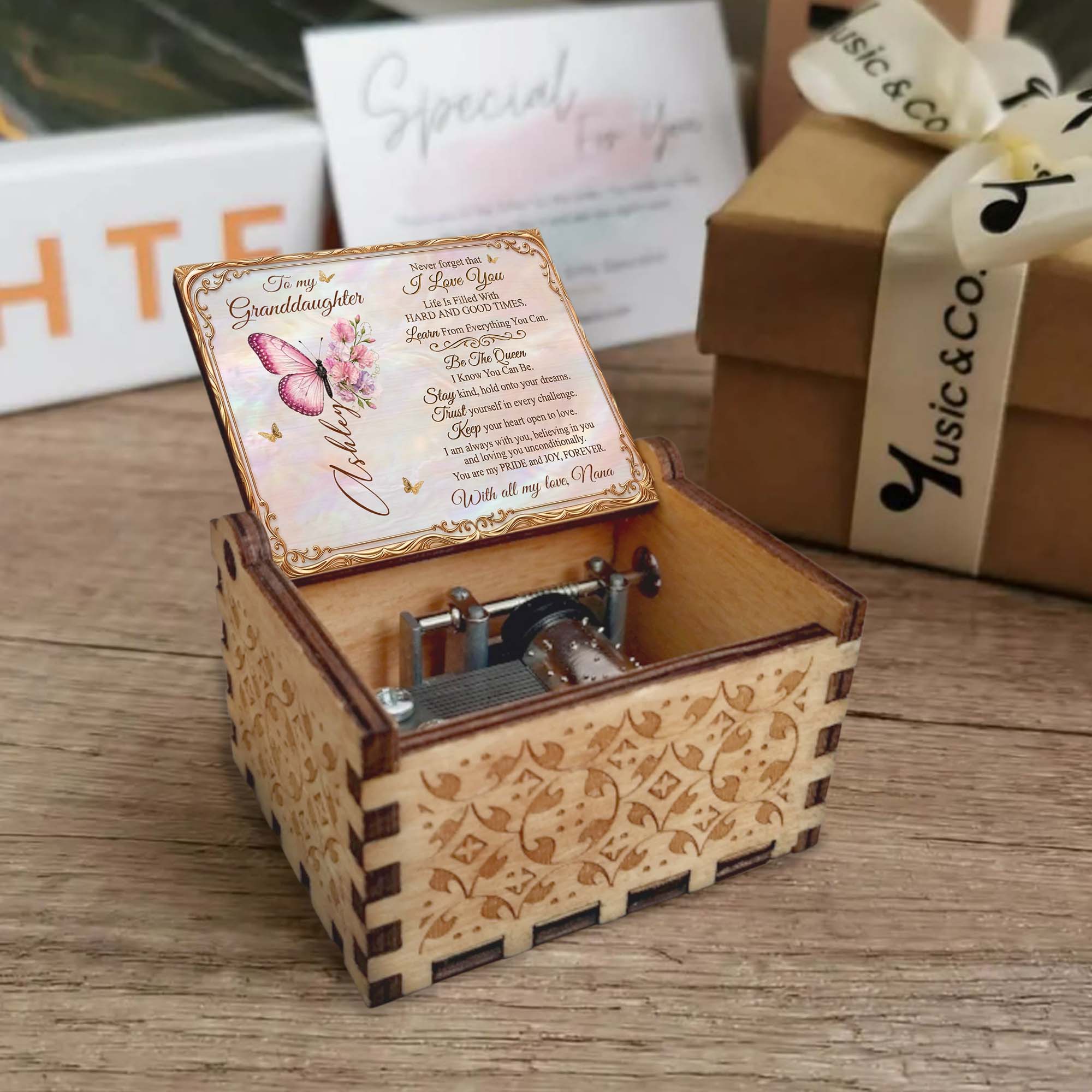 Personalized Music Box for Granddaughter with Butterfly Flowers Tune Gift for Birthday