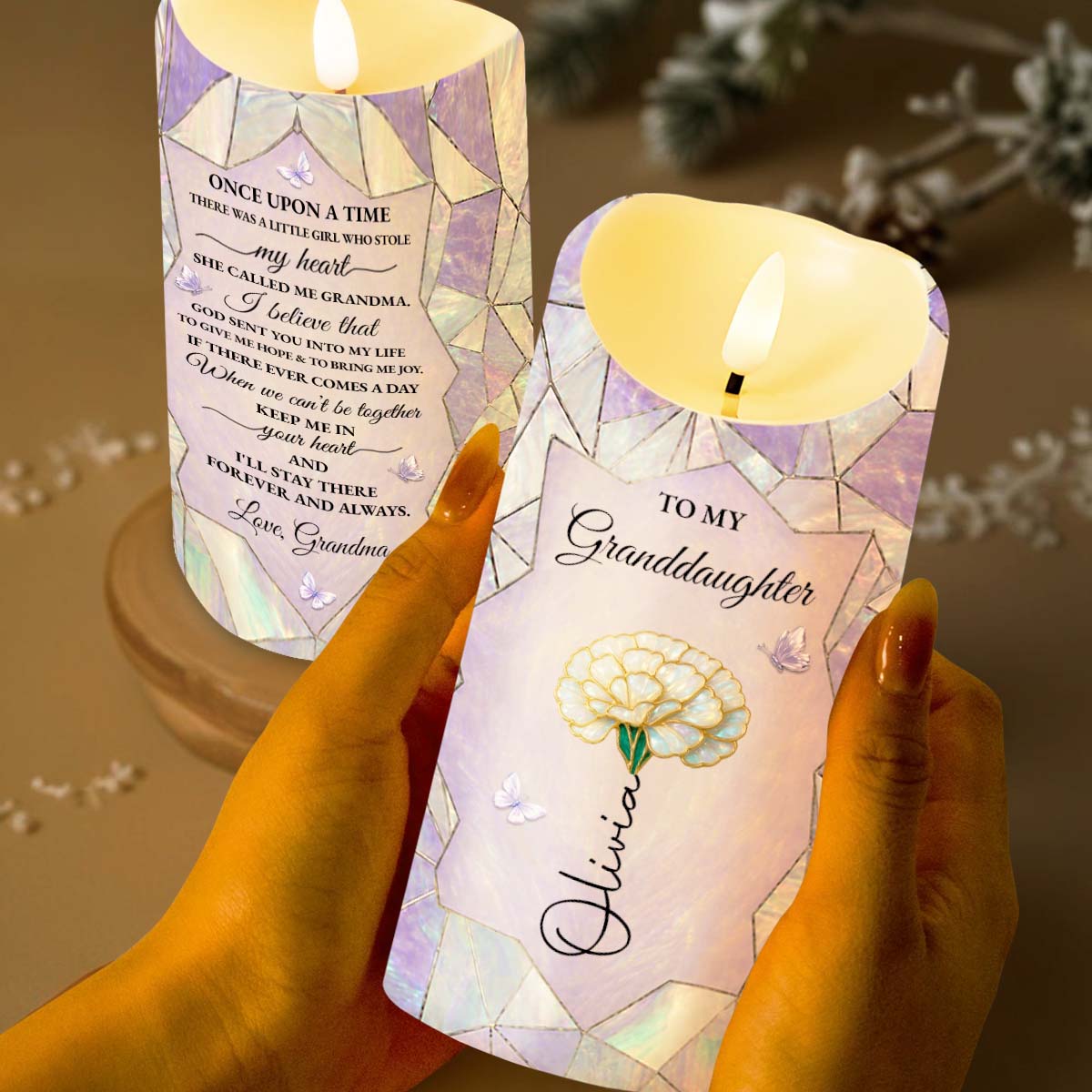 Personalized LED Candle Custom Flower Gift for Granddaughter