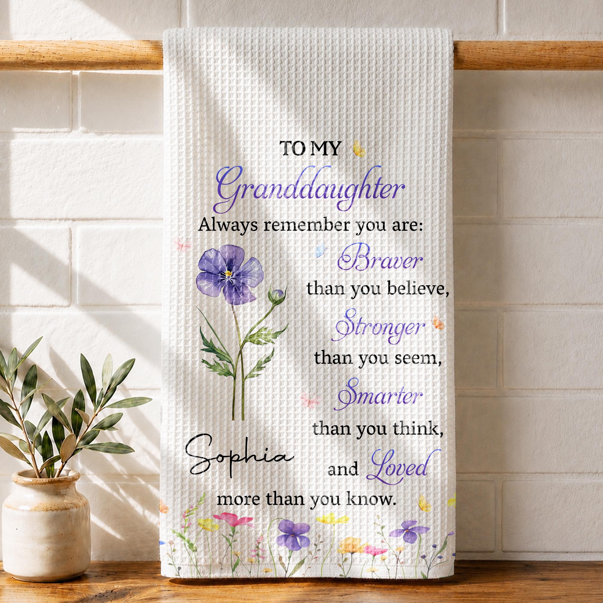 Personalized Kitchen Towel Gift for Granddaughter with Flower Design