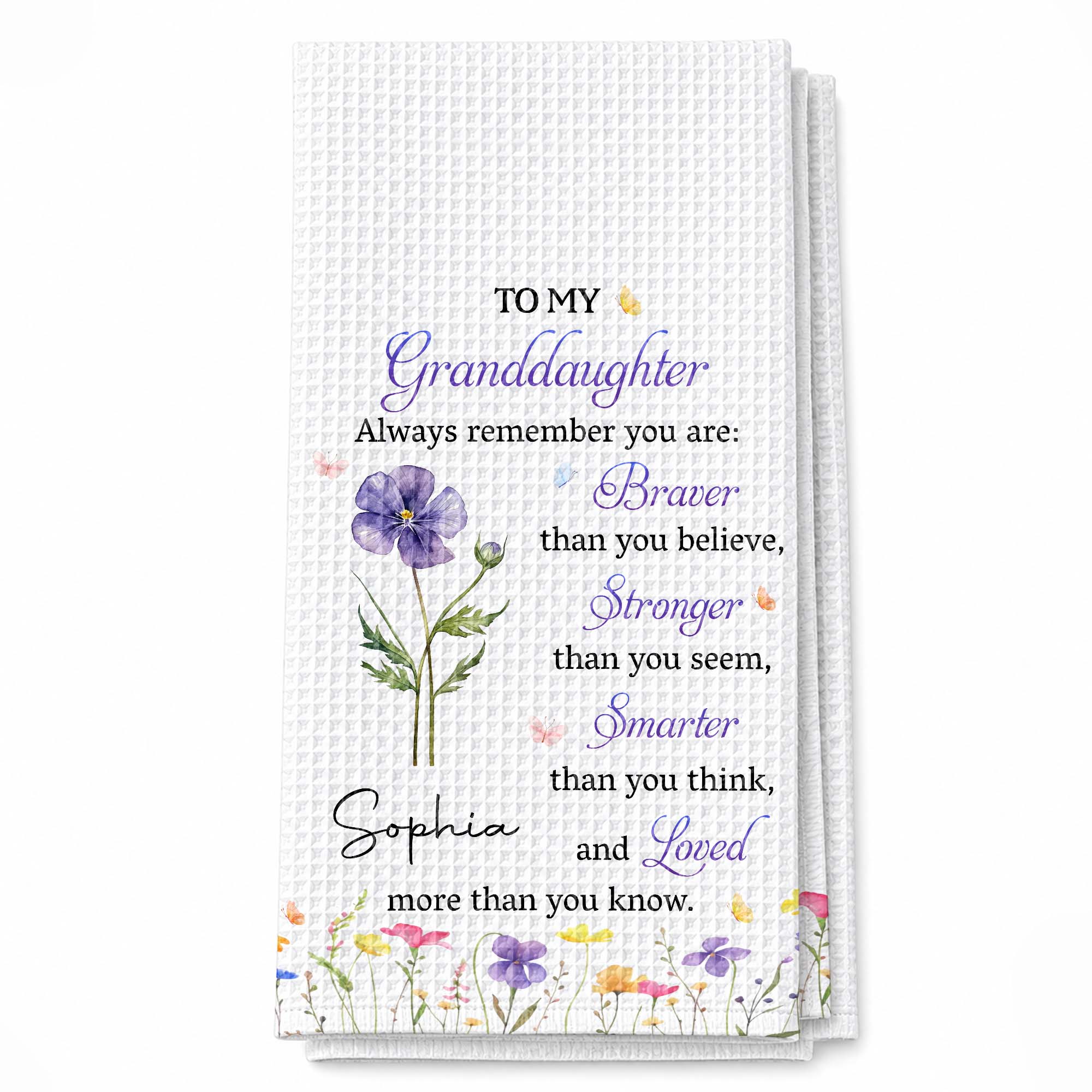 Personalized Kitchen Towel Gift for Granddaughter with Flower Design