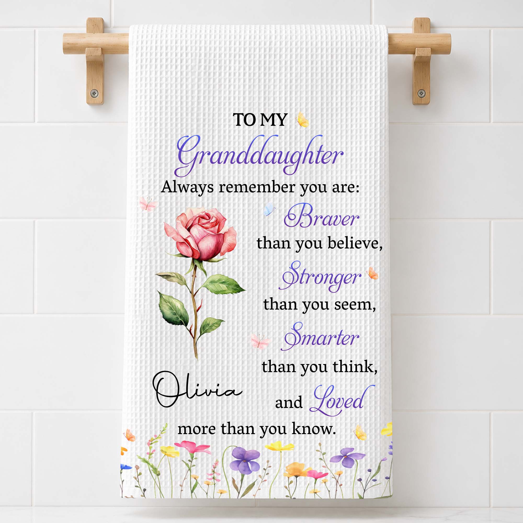 Personalized Kitchen Towel Gift for Granddaughter with Flower Design