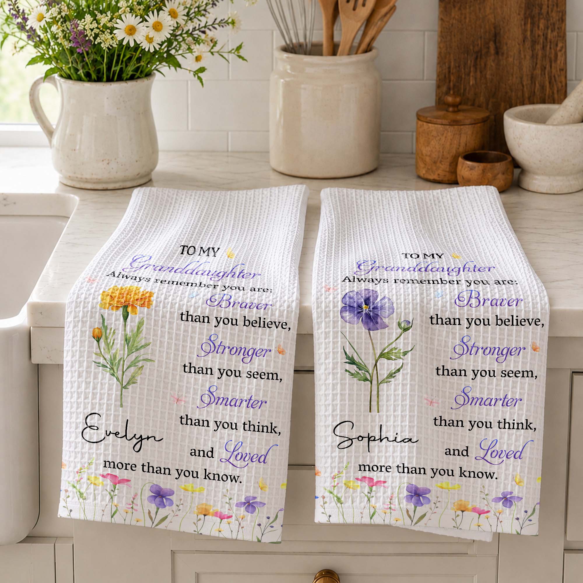 Personalized Kitchen Towel Gift for Granddaughter with Flower Design