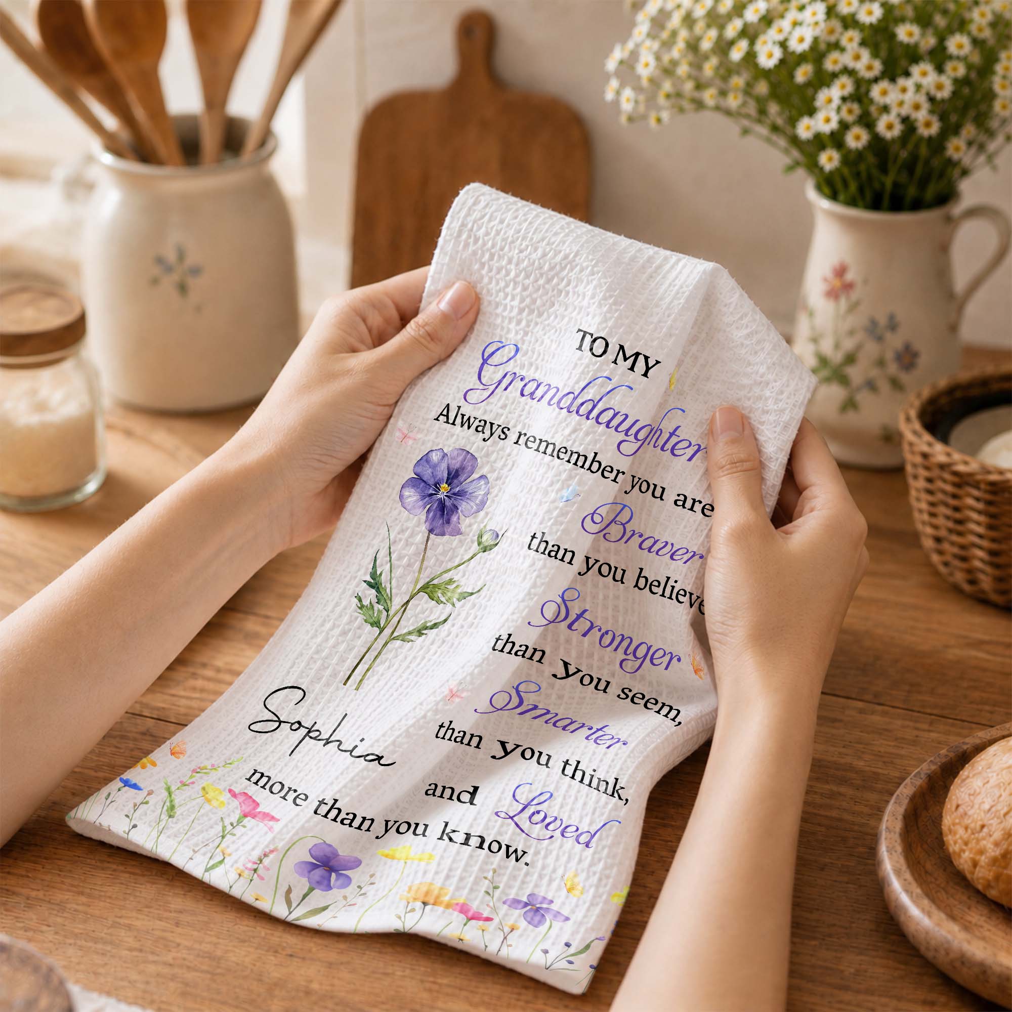 Personalized Kitchen Towel Gift for Granddaughter with Flower Design