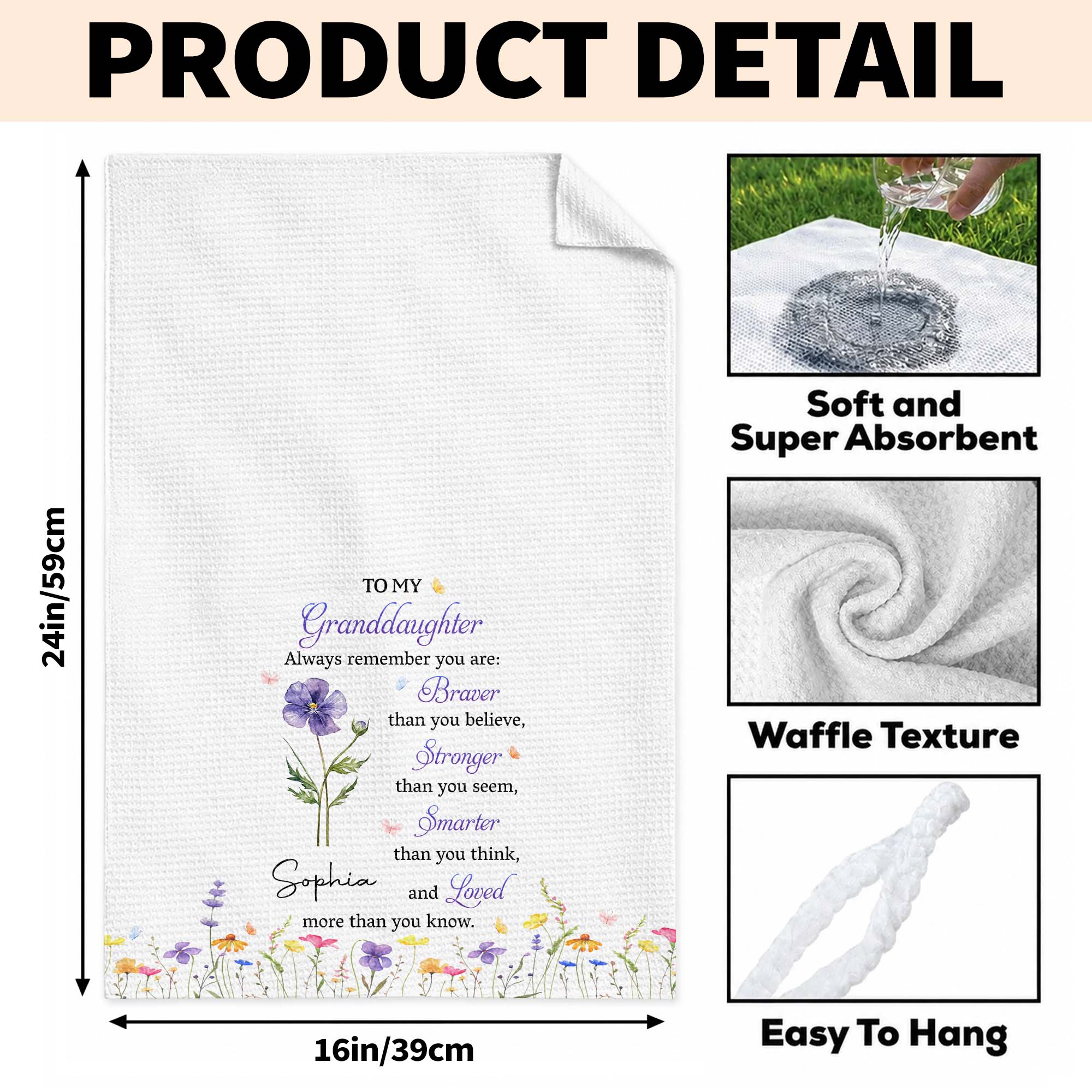 Personalized Kitchen Towel Gift for Granddaughter with Flower Design