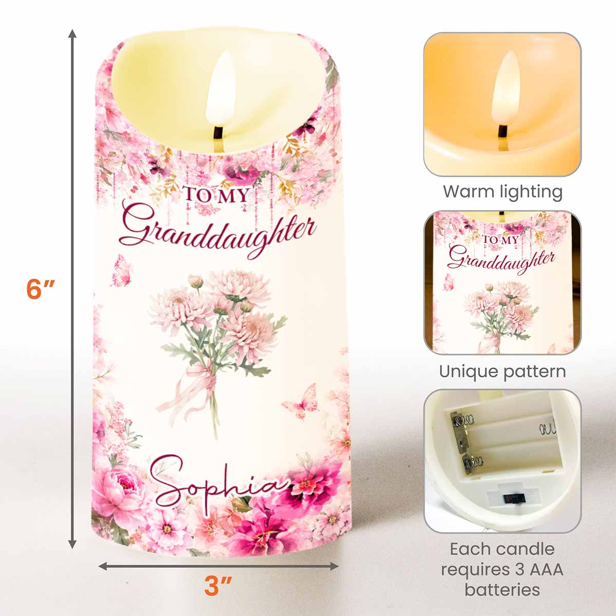 Personalized LED Candle Custom Birth Month Flowers Gift for Granddaughter