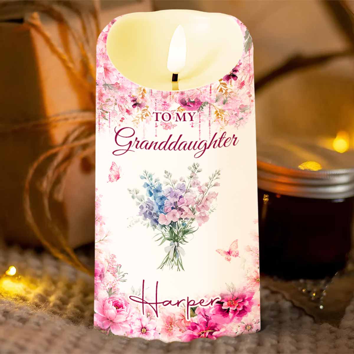 Personalized LED Candle Custom Birth Month Flowers Gift for Granddaughter