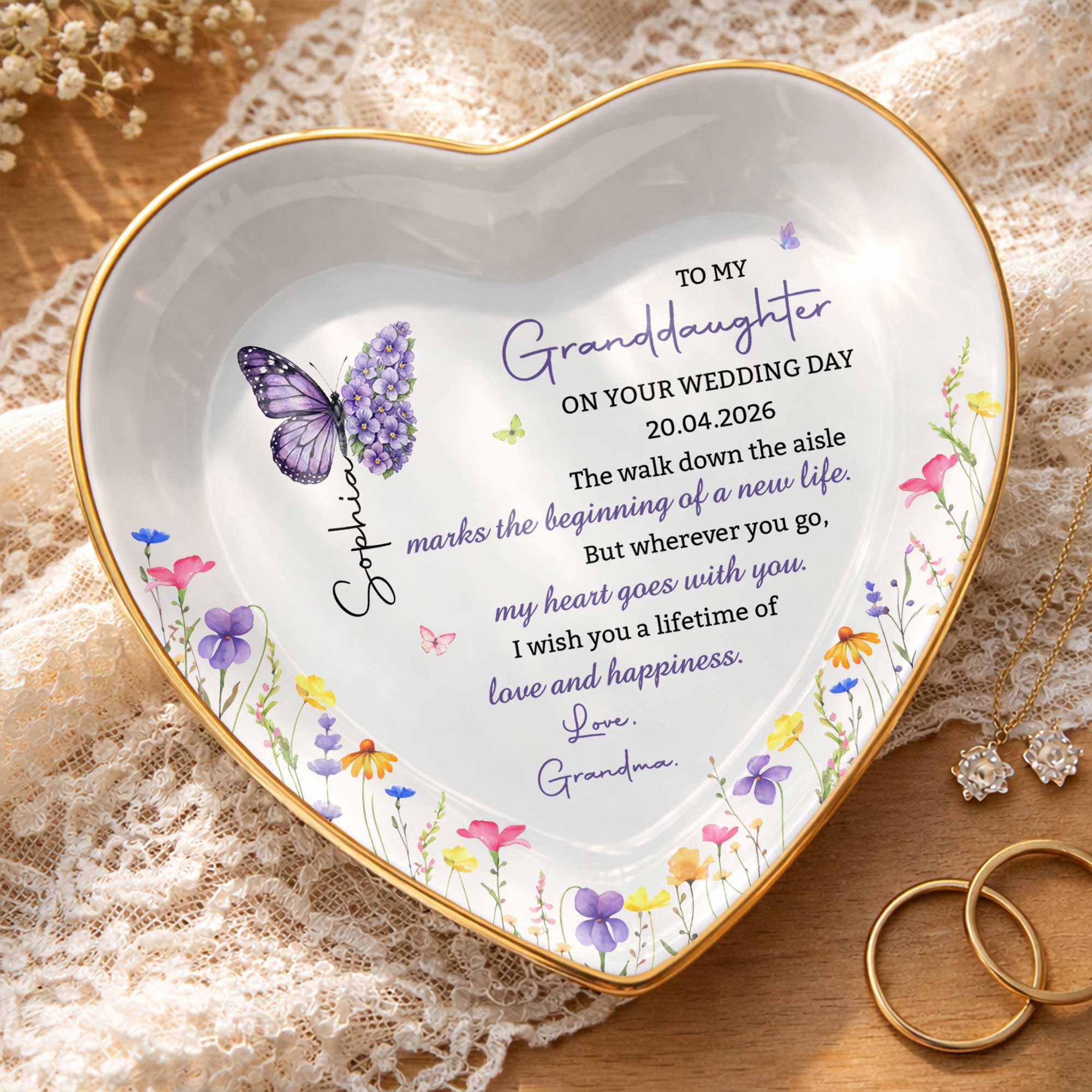Personalized Heart Ceramic Jewelry Dish Custom Name Gift for Granddaughter Wedding Day