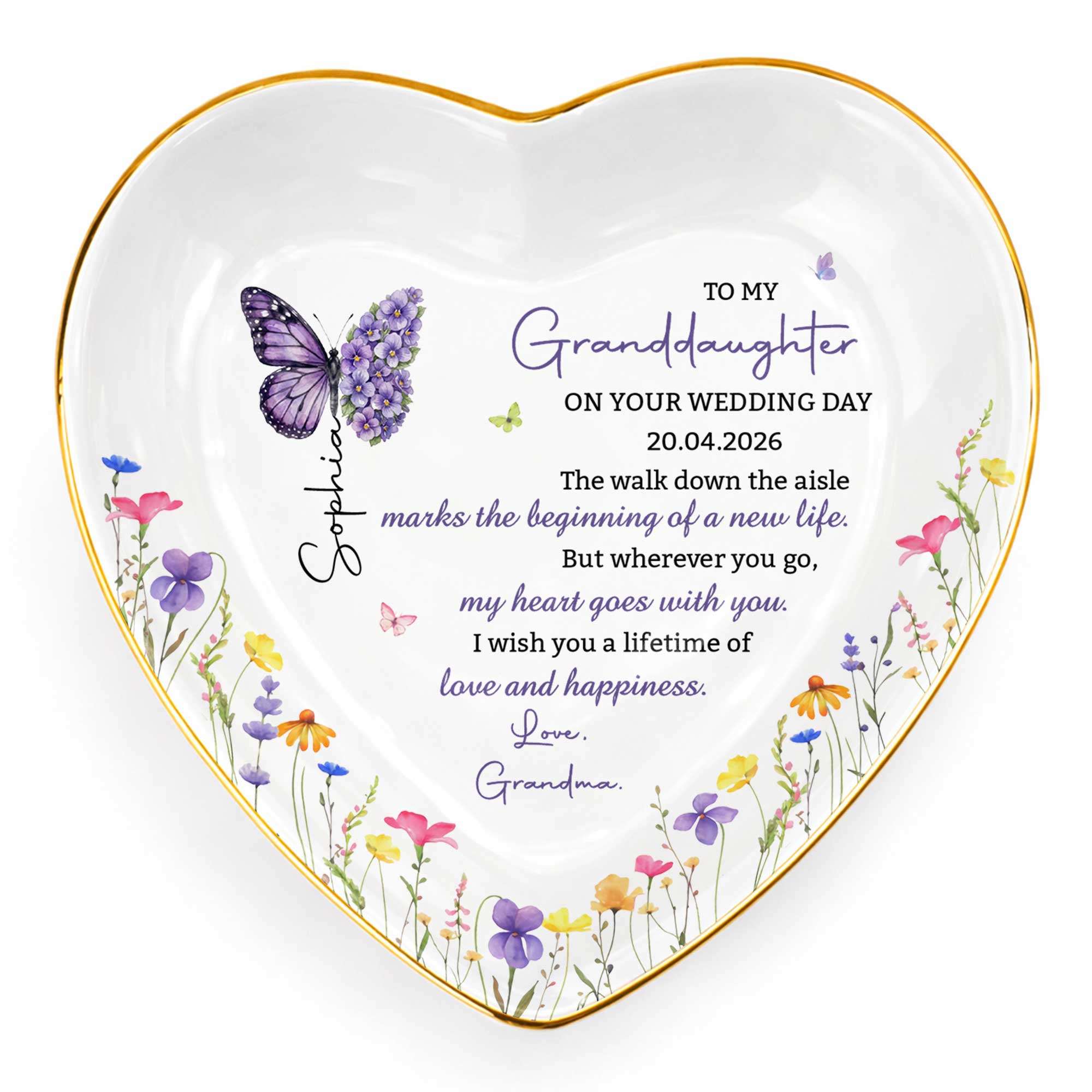 Personalized Heart Ceramic Jewelry Dish Custom Name Gift for Granddaughter Wedding Day