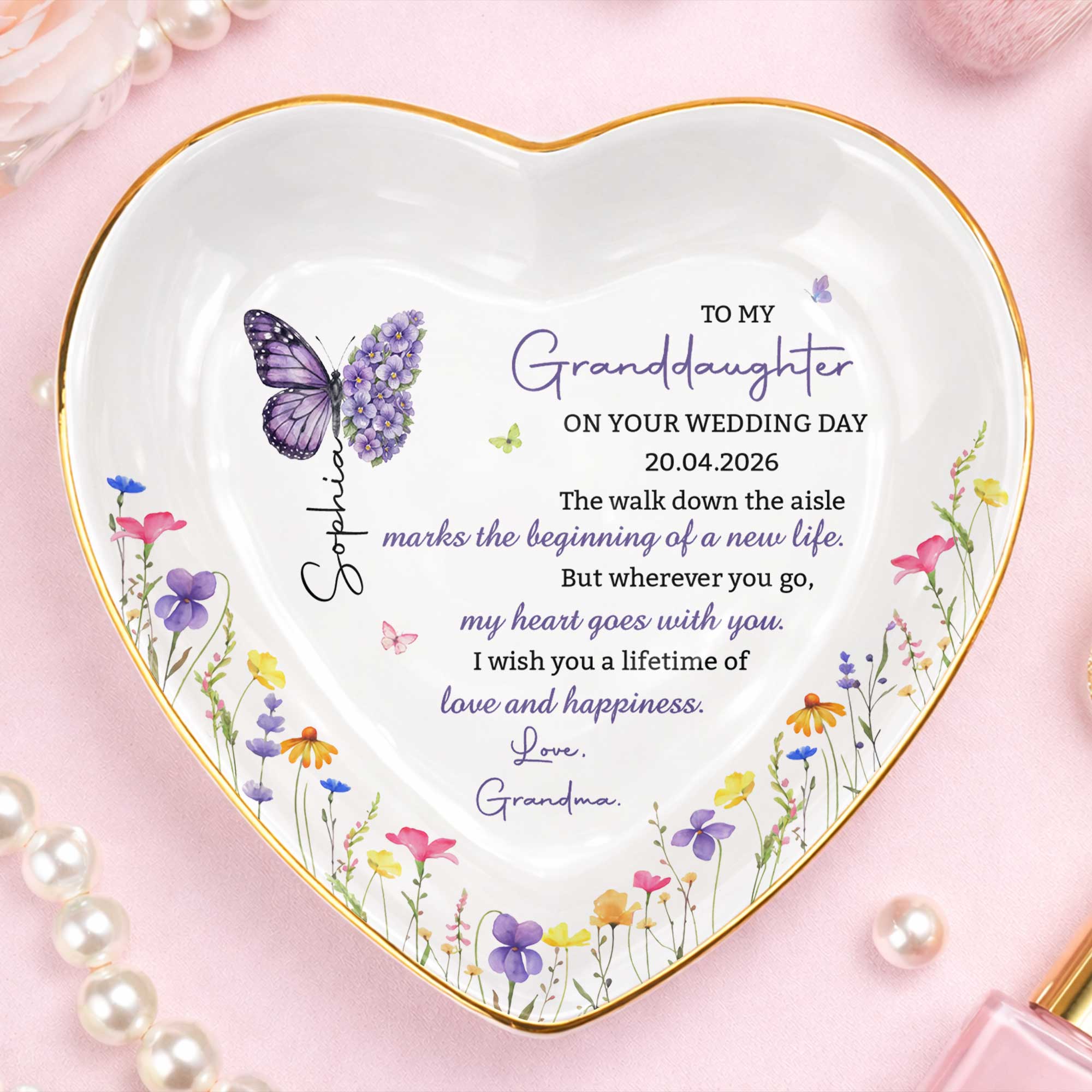 Personalized Heart Ceramic Jewelry Dish Custom Name Gift for Granddaughter Wedding Day