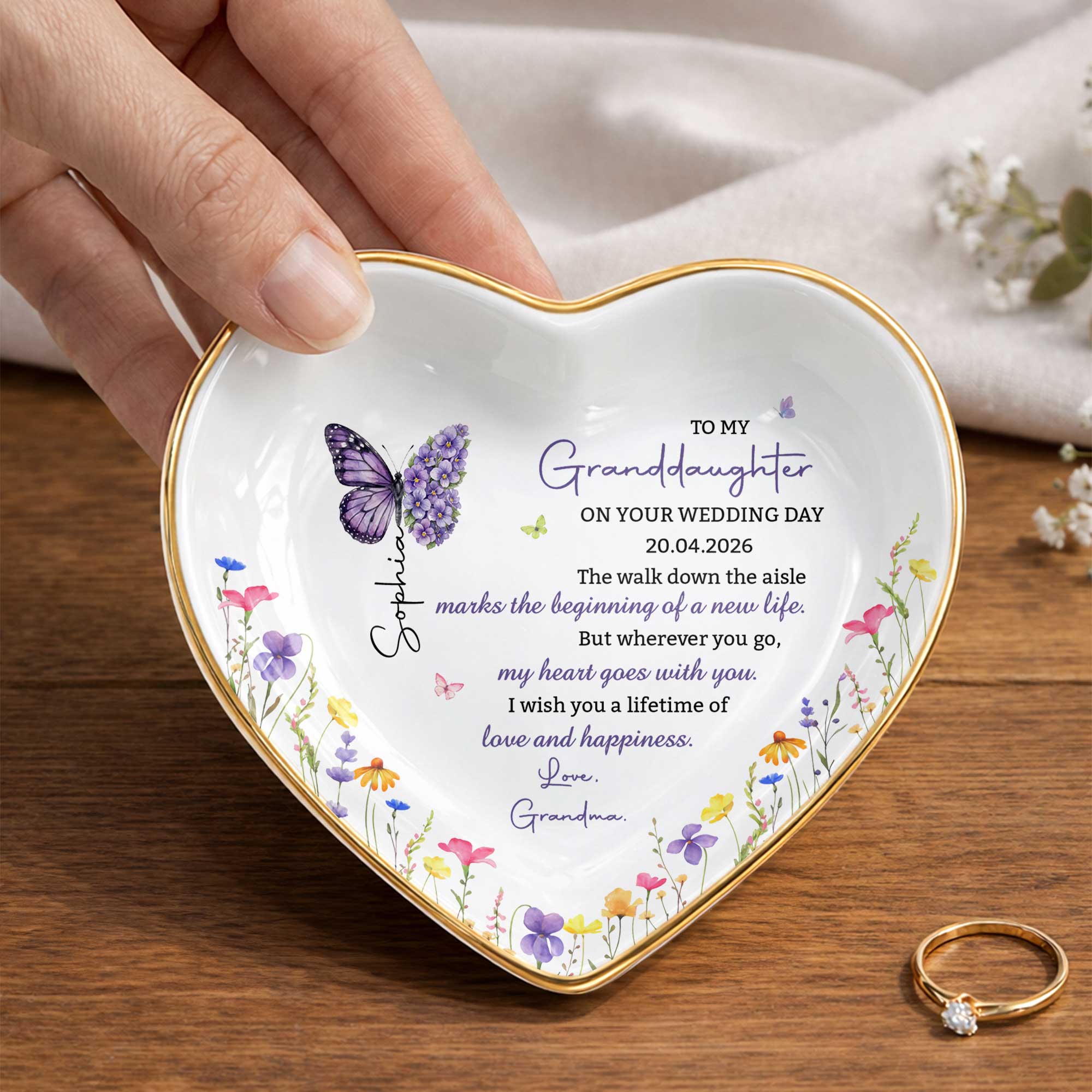 Personalized Heart Ceramic Jewelry Dish Custom Name Gift for Granddaughter Wedding Day