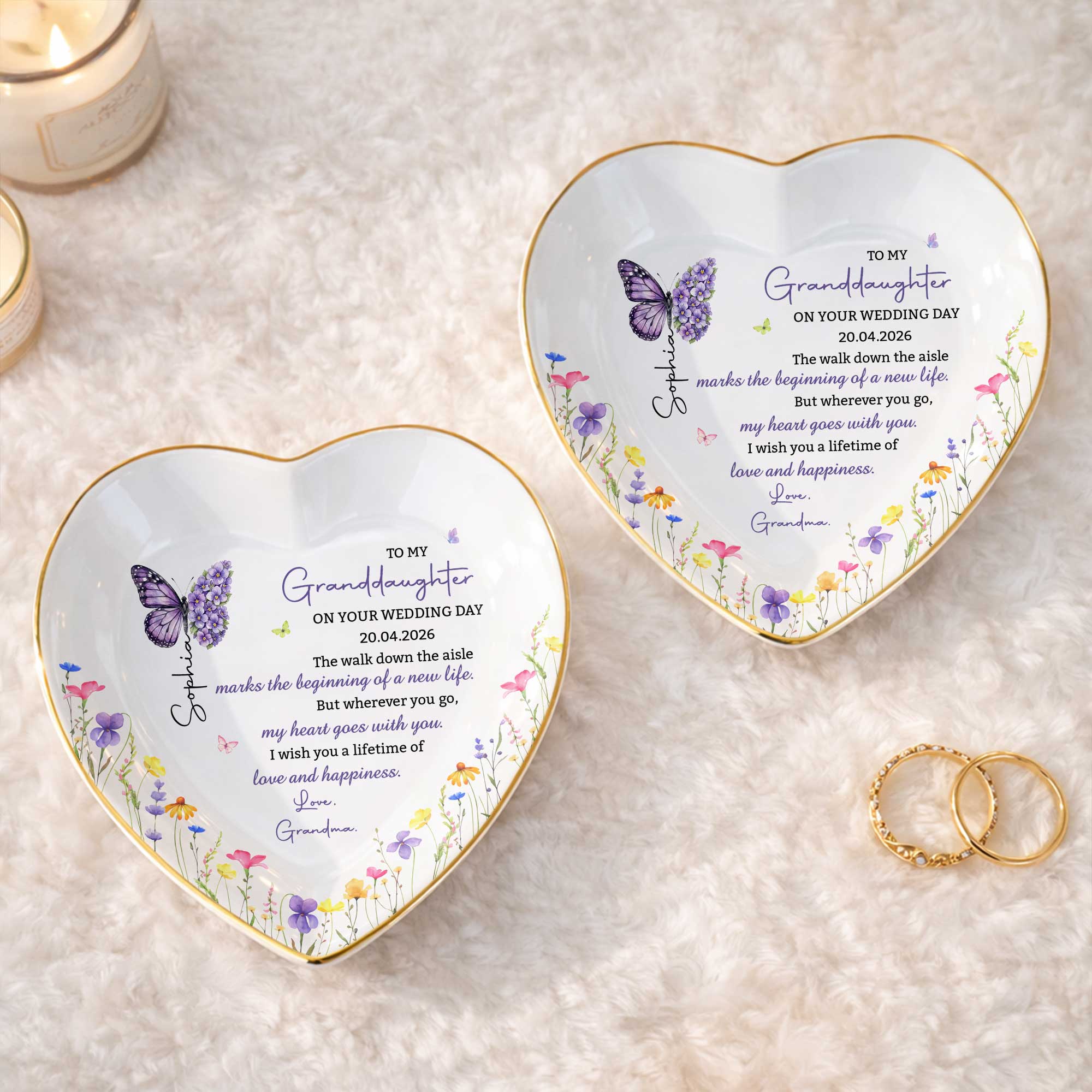 Personalized Heart Ceramic Jewelry Dish Custom Name Gift for Granddaughter Wedding Day