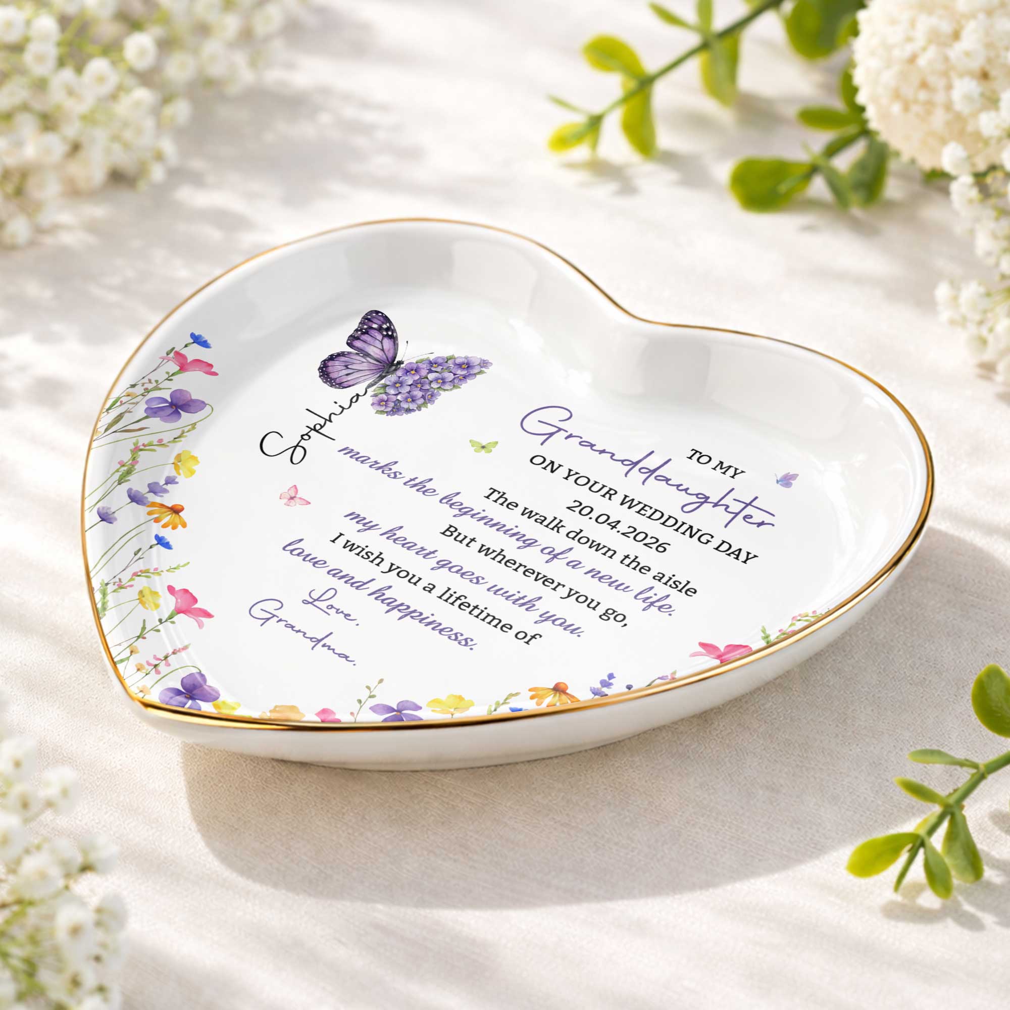 Personalized Heart Ceramic Jewelry Dish Custom Name Gift for Granddaughter Wedding Day