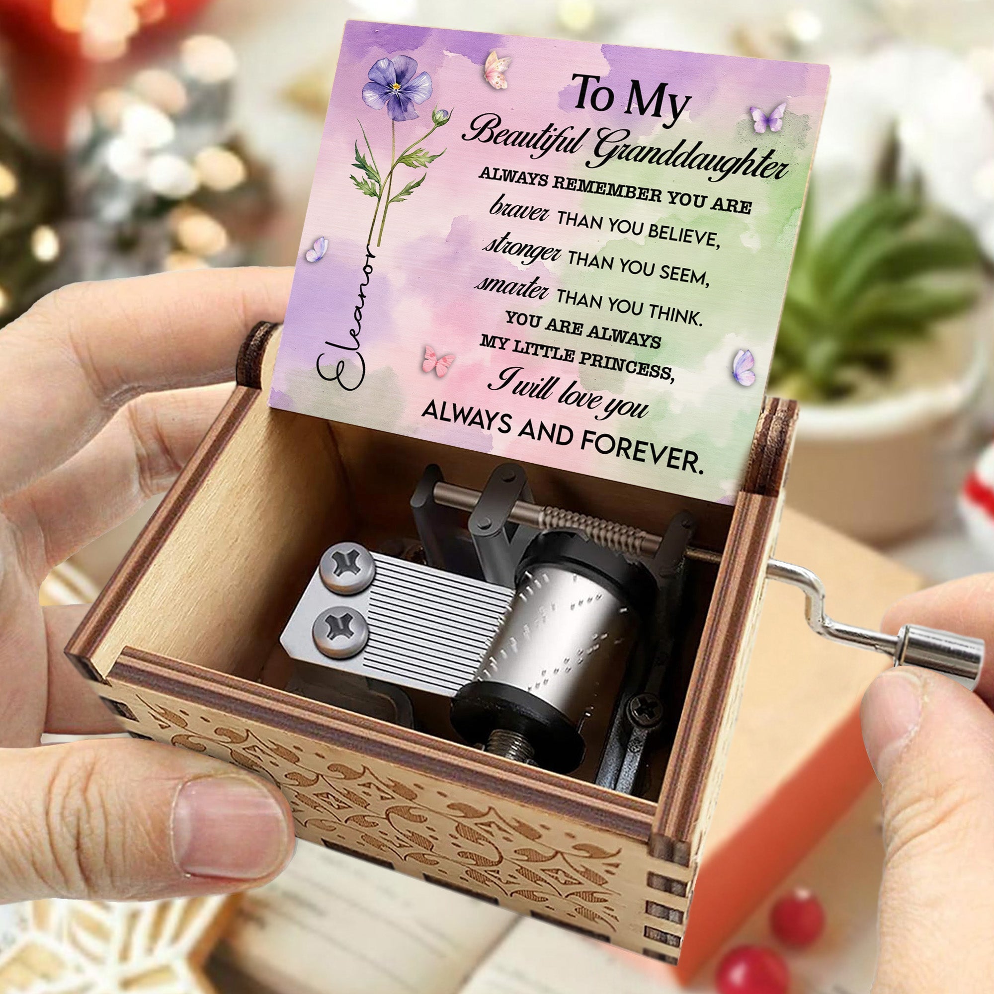 Personalized Wooden Music Box Custom Butterfly Design Gift for Granddaughter