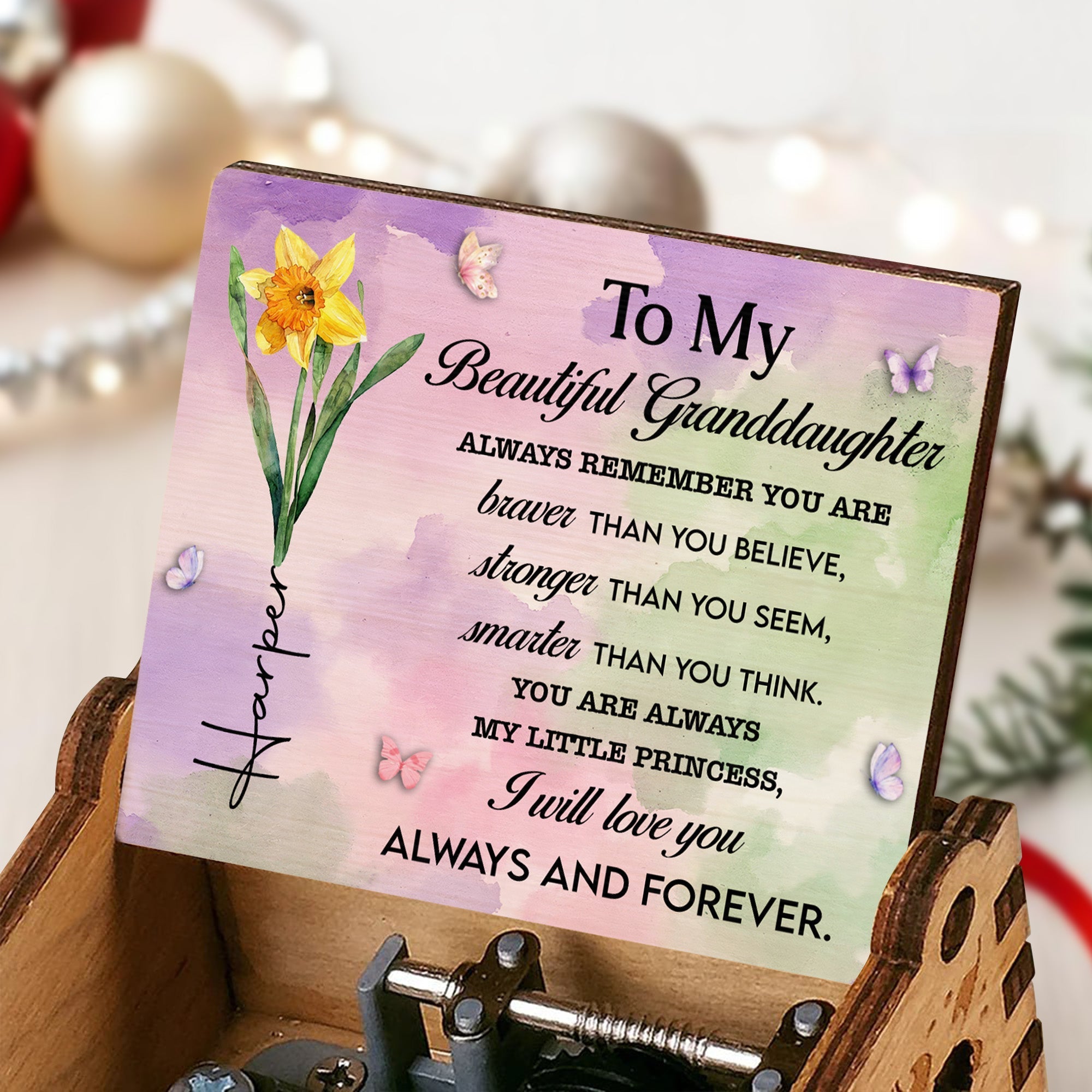 Personalized Wooden Music Box Custom Butterfly Design Gift for Granddaughter