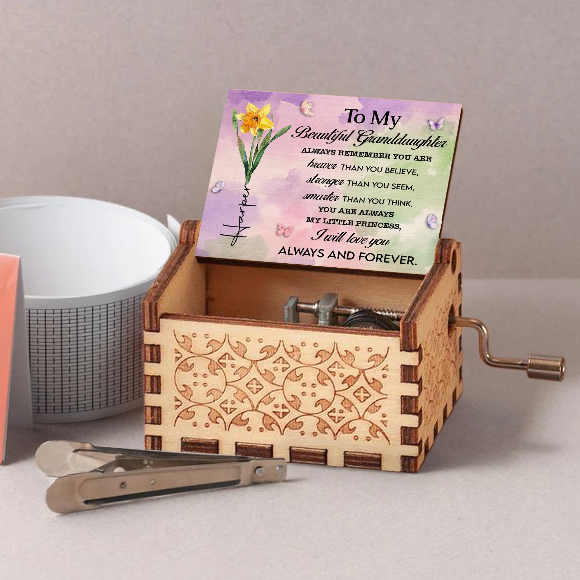 Personalized Wooden Music Box Custom Butterfly Design Gift for Granddaughter