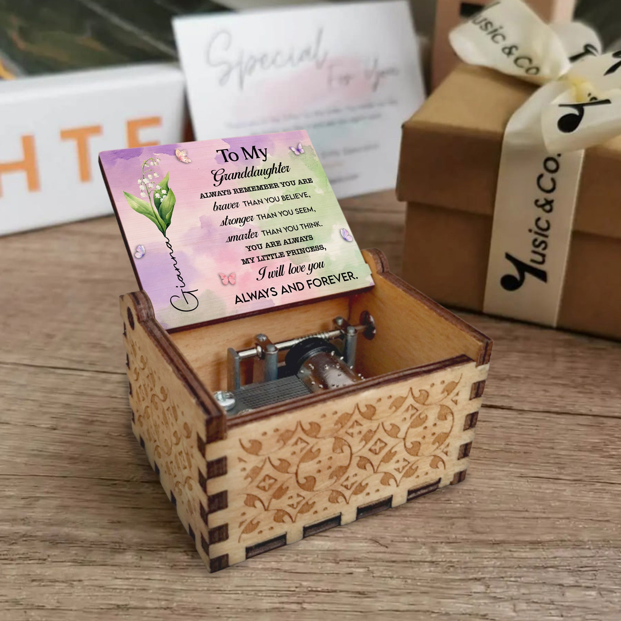 Personalized Wooden Music Box Custom Butterfly Design Gift for Granddaughter