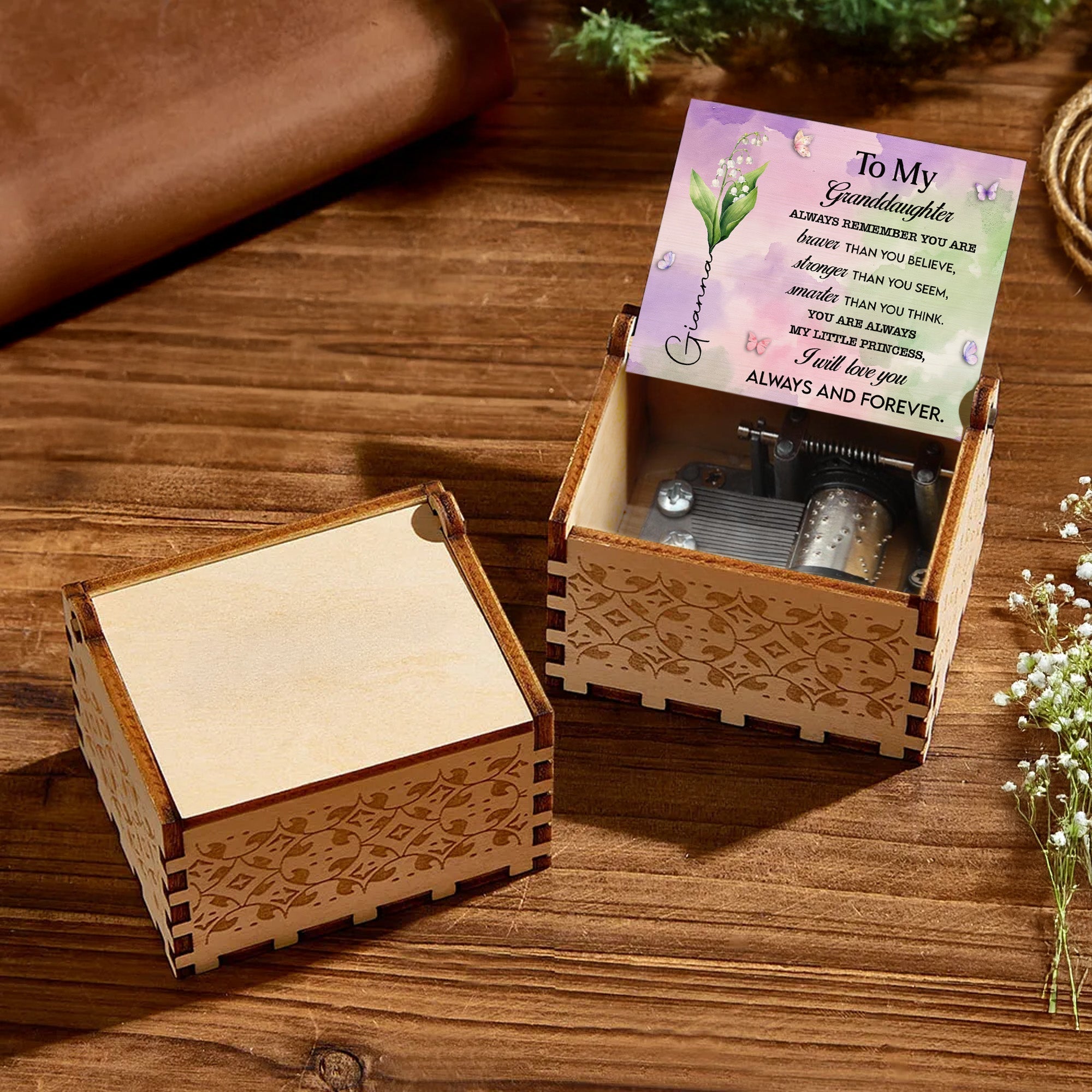 Personalized Wooden Music Box Custom Butterfly Design Gift for Granddaughter