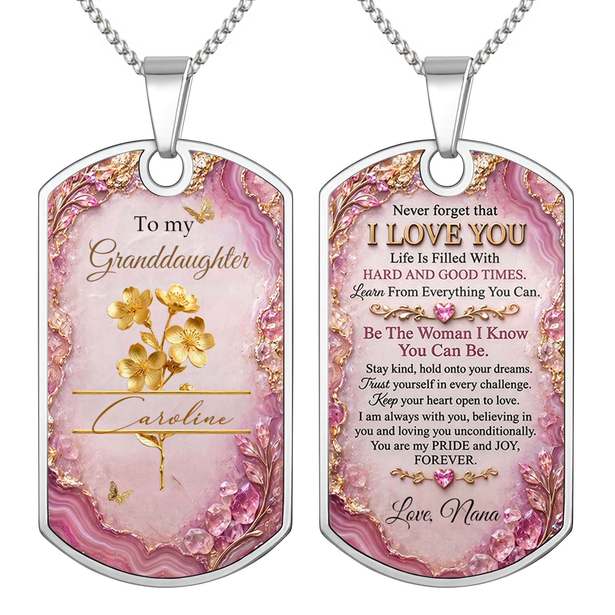 Personalized Dog Tag Necklace Custom Birth Month Flowers for Granddaughter