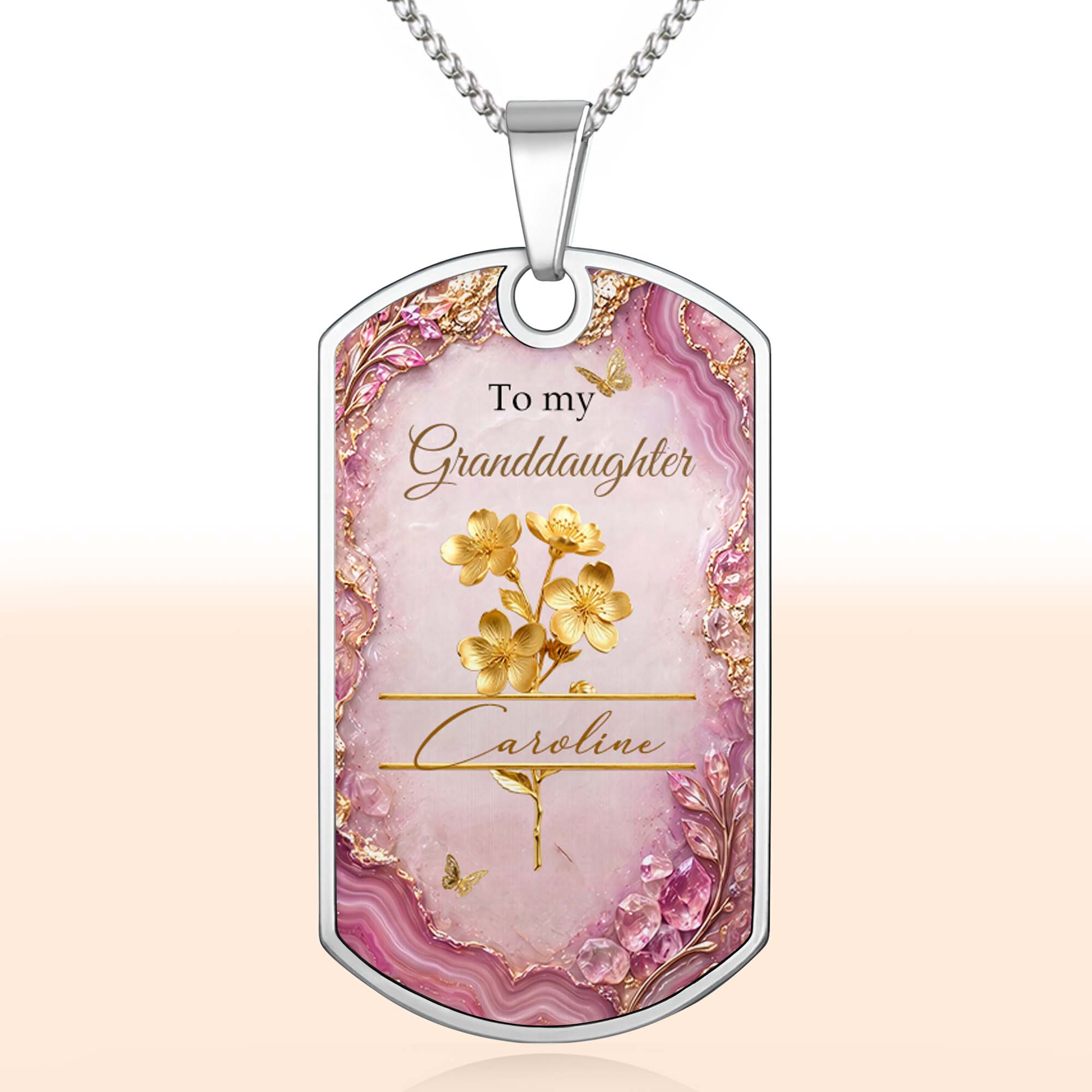 Personalized Dog Tag Necklace Custom Birth Month Flowers for Granddaughter