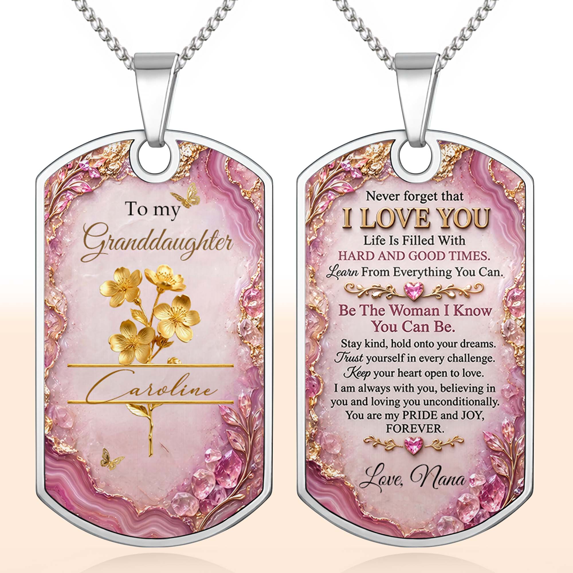 Personalized Dog Tag Necklace Custom Birth Month Flowers for Granddaughter