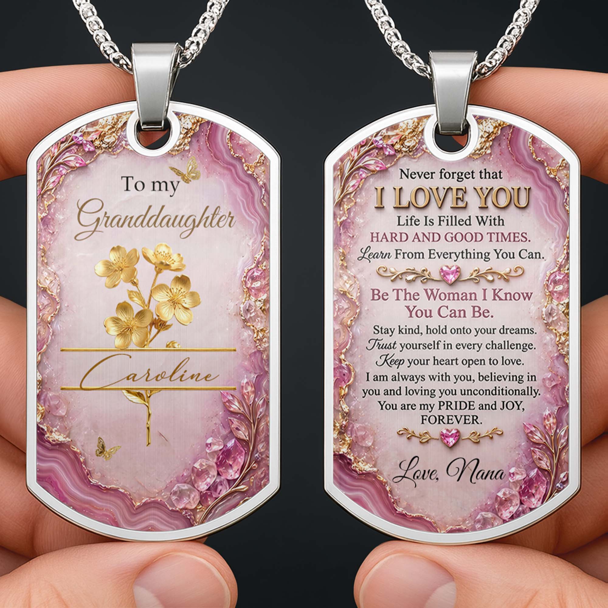 Personalized Dog Tag Necklace Custom Birth Month Flowers for Granddaughter