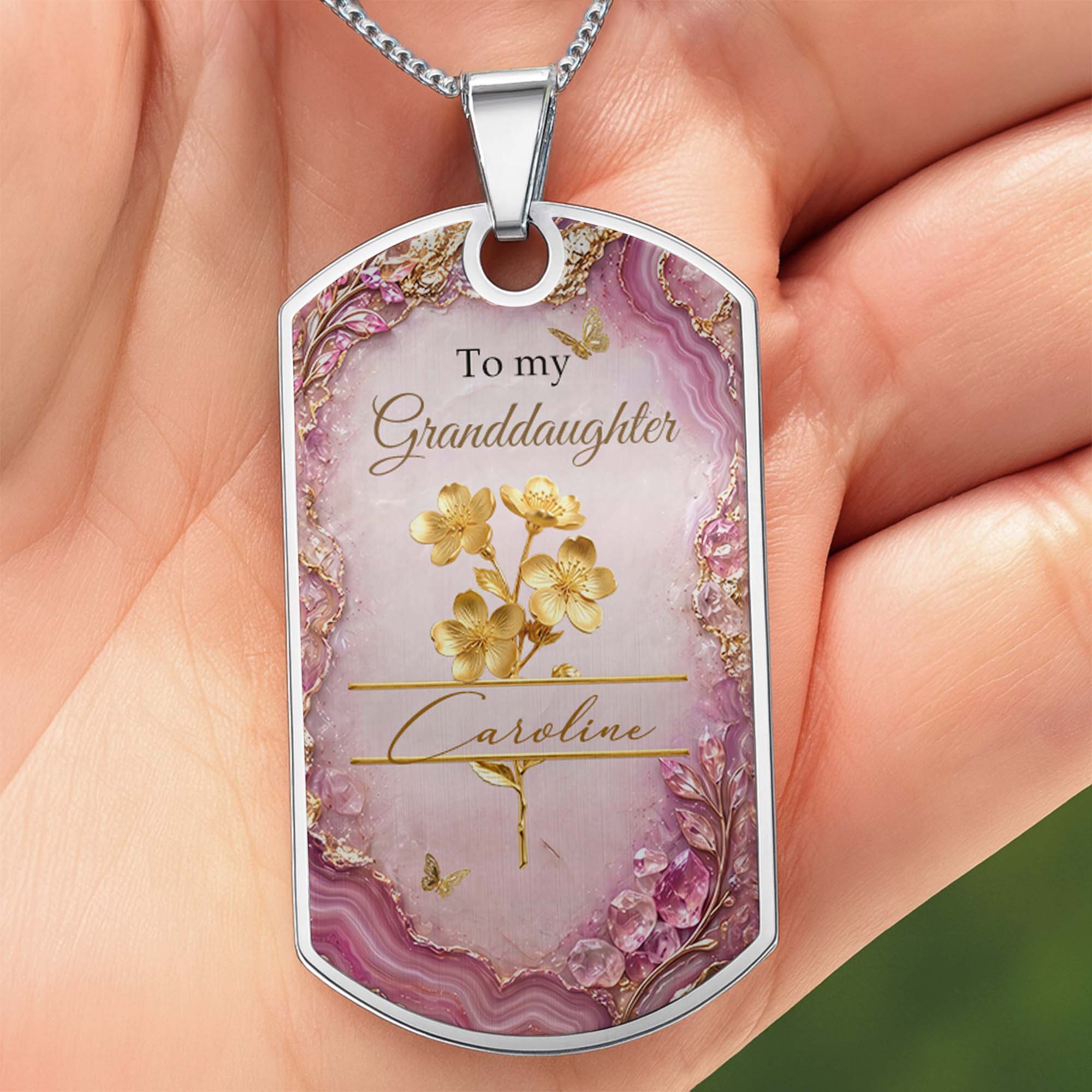 Personalized Dog Tag Necklace Custom Birth Month Flowers for Granddaughter