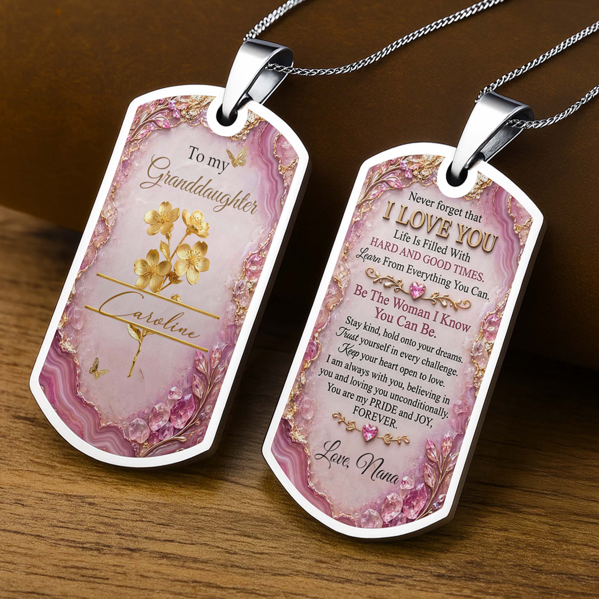 Personalized Dog Tag Necklace Custom Birth Month Flowers for Granddaughter