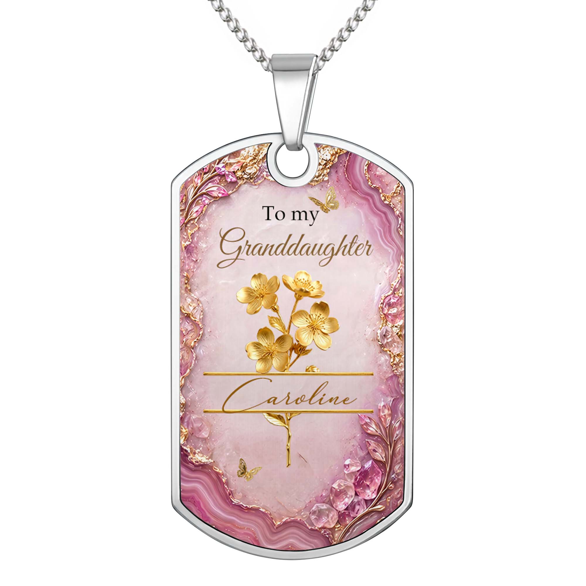 Personalized Dog Tag Necklace Custom Birth Month Flowers for Granddaughter